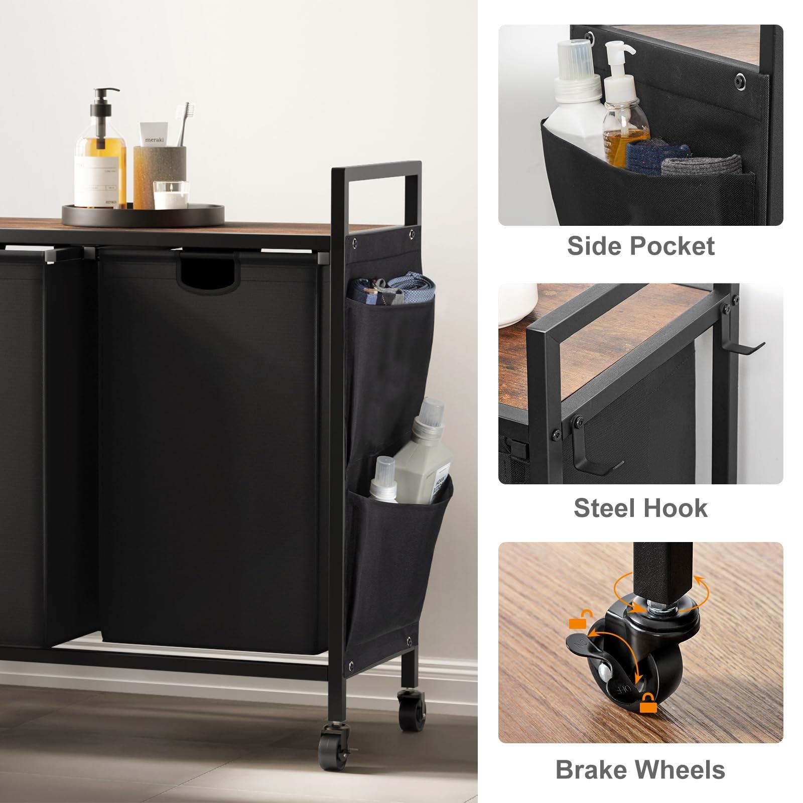 WOWLIVE Double Laundry Hamper with Lid,Rolling Laundry Basket Organizer with Wheels, Iron-Made Laundry Sorter with Top Shelf and 2 Removable Bags,Large Clothes Storage for Room,Black 1 - Image 6