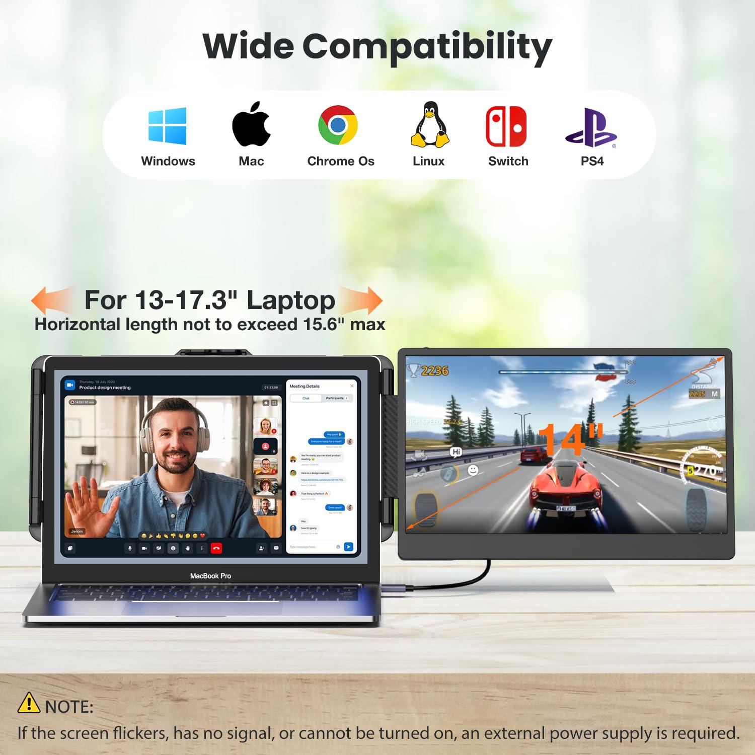Laptop Screen Extender 14-inch 1080P FHD Portable Monitor Laptop Monitor Extender, Type-C, HDMI, USB-A, Plug & Play, fits Laptops with Screen up to 15.35" Wide, Compatible with Windows, Mac, Chrome - Image 6