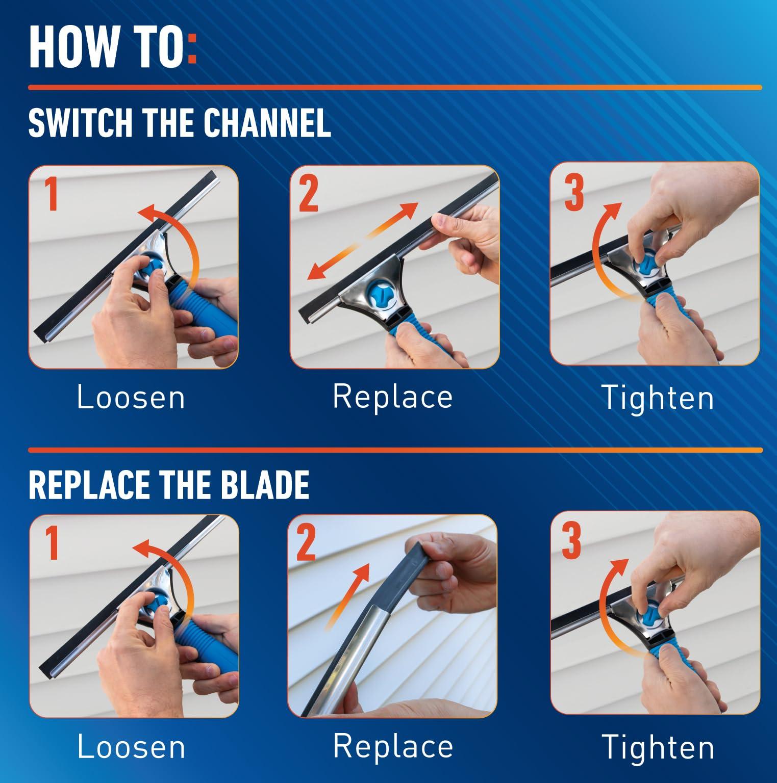 Unger Professional 18” EZ Change Window and Glass Cleaning Squeegee, Clean Large and Small Windows, Rubber Blade Tool for Streak-Free Results, Includes 12” Channel - Image 7