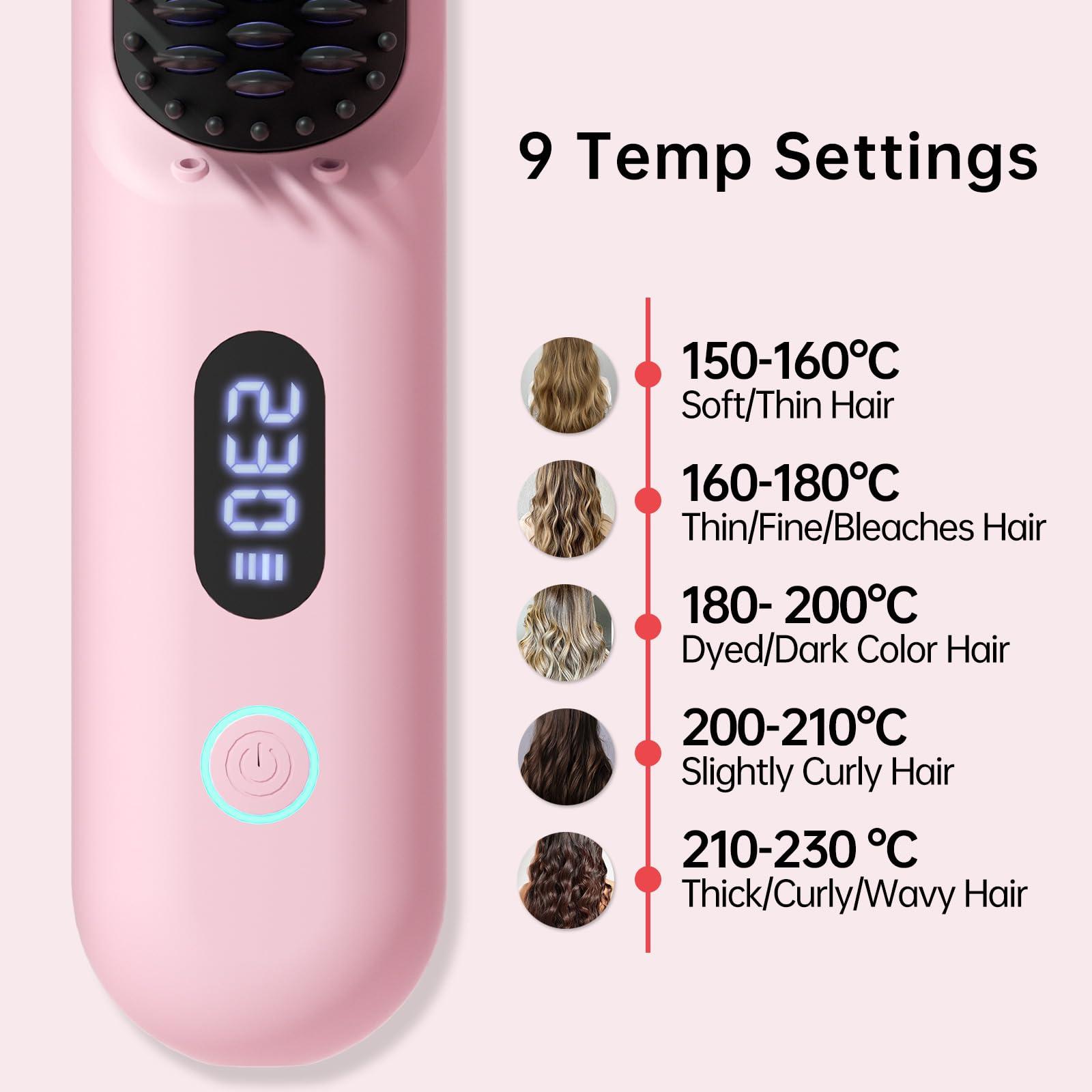 Cordless Hair Straightener Brush - Portable Straightener Brush with 9 Temp Settings, Mini Straightening Comb for Travel, 9600mAh Rechargeable Batt & 224 Million Negative Ions (Pink) - Image 7
