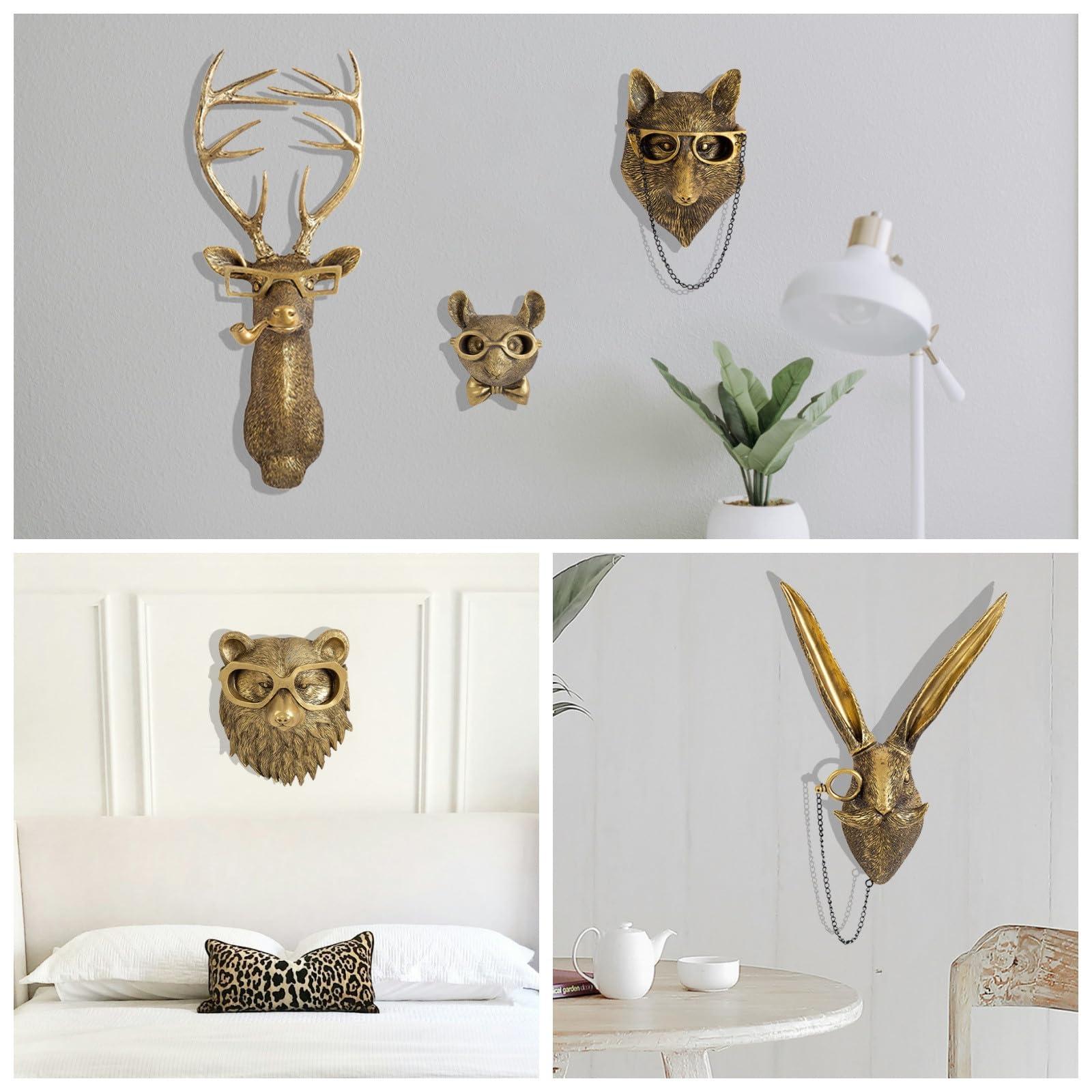 GUASDIE Animal Heads Wall Decor, Faux Deer Head Mount, Animal Sculptures Wall Decor, Resin Animal Head Wall Hanging Decoration for Living Room Bedroom Kitchen Gift,5pcs, 1587574779-65291236 - Image 4