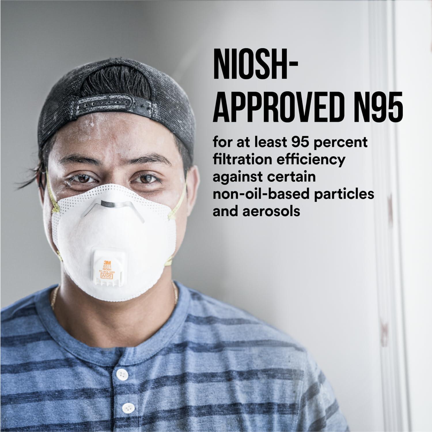 3M N95 Respirator 8511, Cool Flow Valve, 10 Pack, NIOSH-APPROVED, Advanced Filter Media For Easy Breathing, Comfortable For Long Periods Of Wear, Helps Filter Pollen, Mold Spores & Dust (8511PB1-A-PS) - Image 7