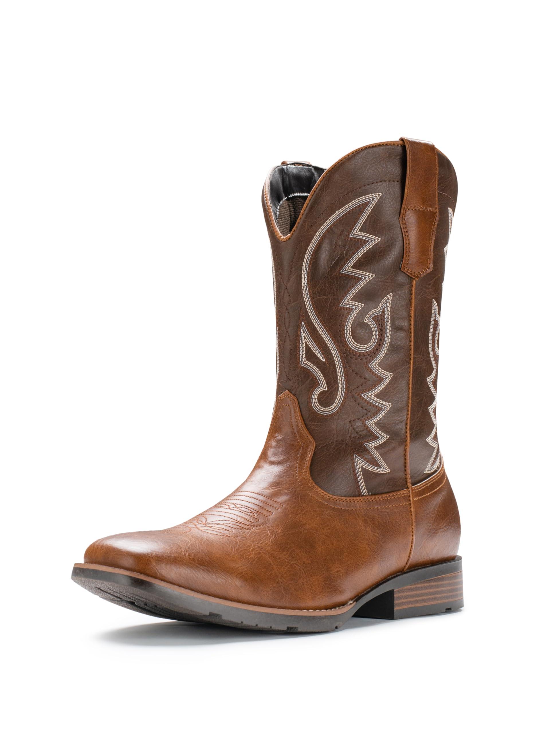 IUV Cowboy Boots For Men with Wide Square Toe Western Retro Boot Durable Classic Fashionable Embroidered Pull On Slip Resistant Boots