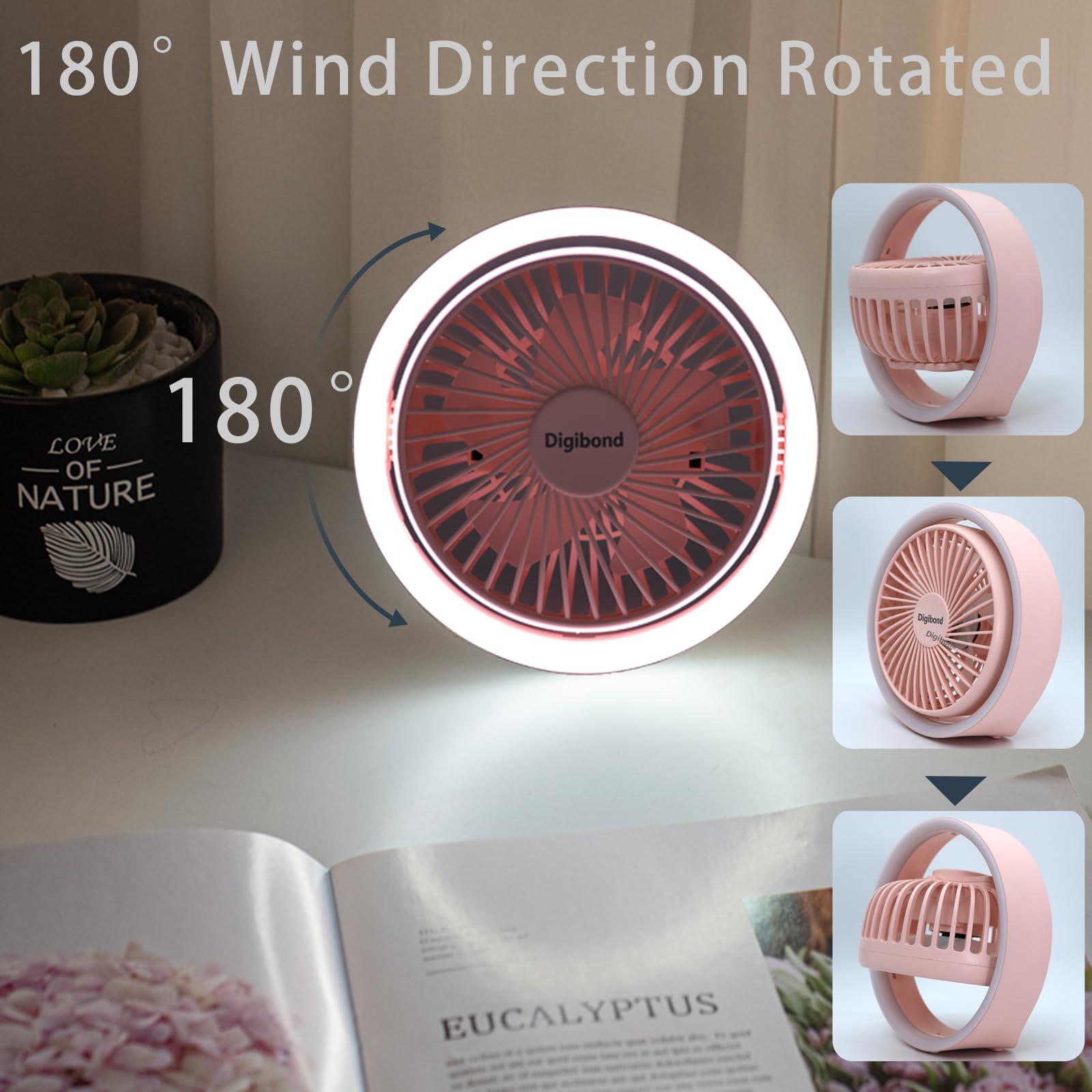 Digibond Pink Desk Fan, Small Quiet with Ambient Light/Hook Portable USB Fan 5.3in High Power 3000mAH Rechargeable Battery Operate 3 Speed 180°Rotated Easy Clean - Image 5