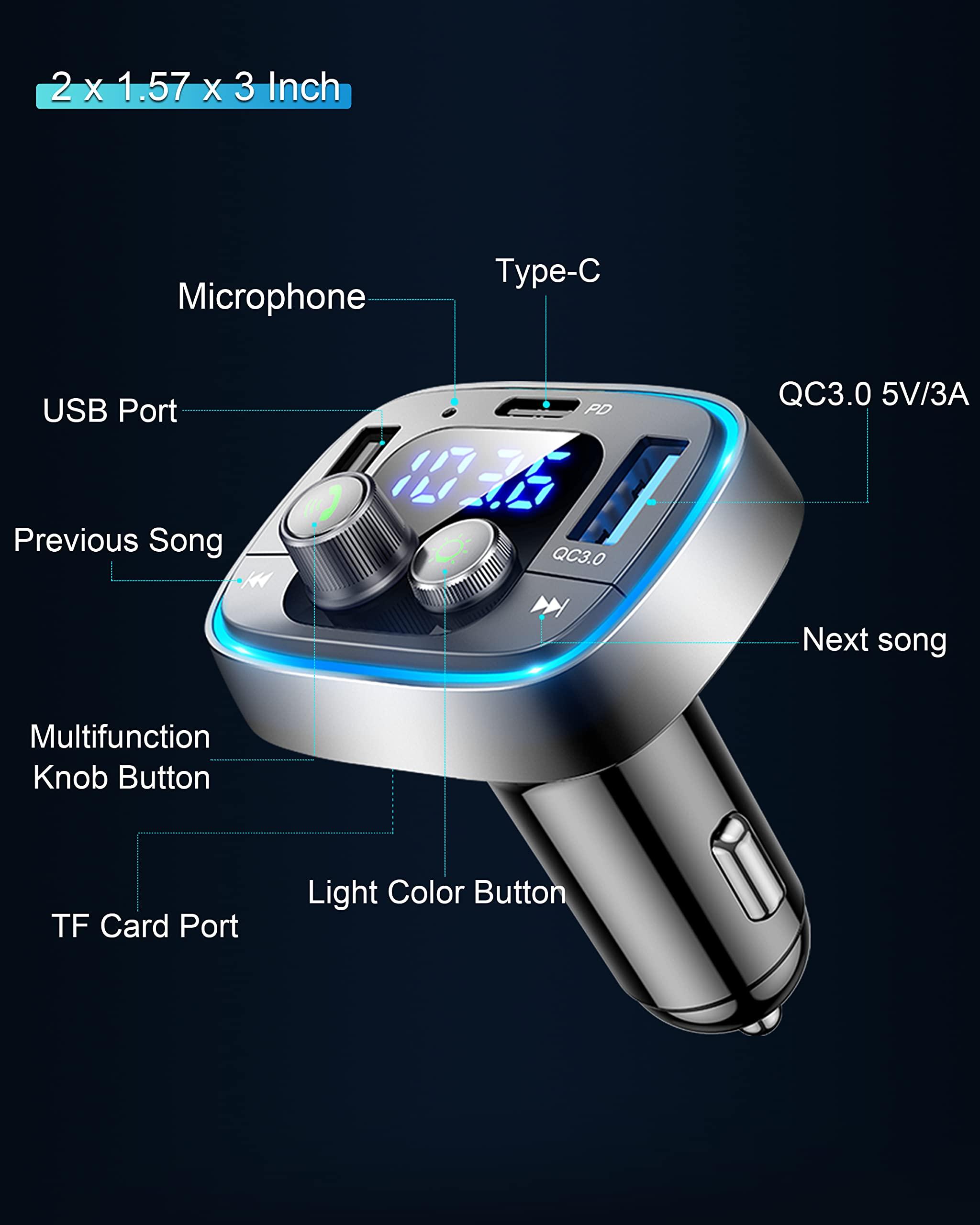 LIHAN USB C Bluetooth Adapter for Car, AUX Wireless FM Radio Transmitter, Handsfree Calling & Audio Receiver, MP3 Music Player, QC3.0 & Type-C PD USB Charger,7 Colors LED Backlit - Image 7