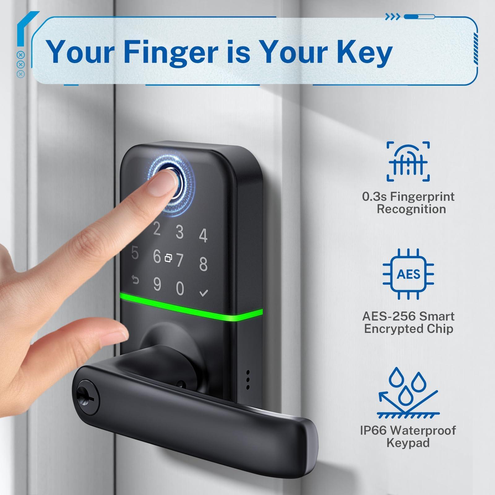 Keypad Smart Door Lock with Handle: Kucacci Keyless Entry Fingerprint Lock - Digital Code Handle with Keypad - Electronic Smart Knob for Front Door - Deadbolt Alternative with App - Easy Installation - Image 3