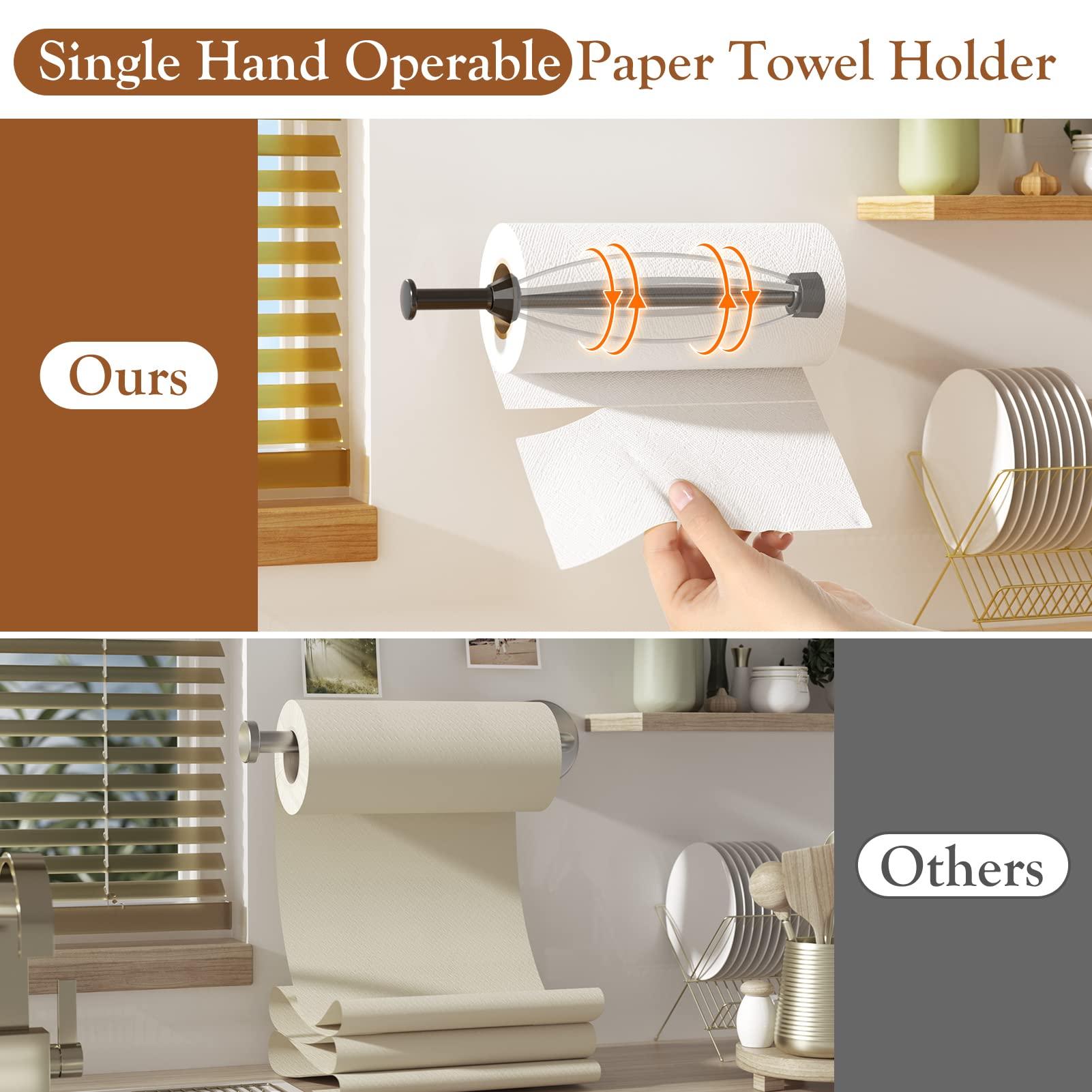Paper Towel Holder Under Cabinet, Single Hand Operable Wall Mount with Damping Effect, Self-Adhesive or Drilled Paper Roll Holders for Kitchen, Bathroom, RV(2 Towel Robe Hooks) - Image 4