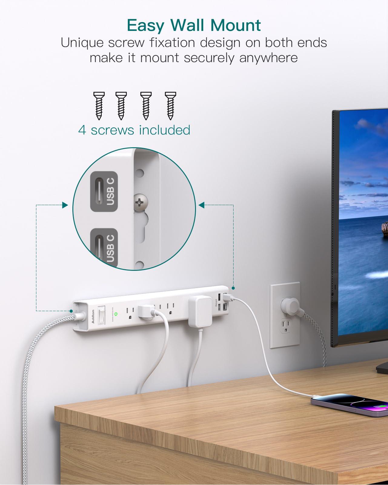 2 Pack Surge Protector Power Strip - 5 Widely Spaced Outlets 4 USB Ports, 5Ft Extension Cord, Flat Plug, Wall Mount Outlet Extender, Desk Charging Station for Home Office College Dorm Room Essentials - Image 6