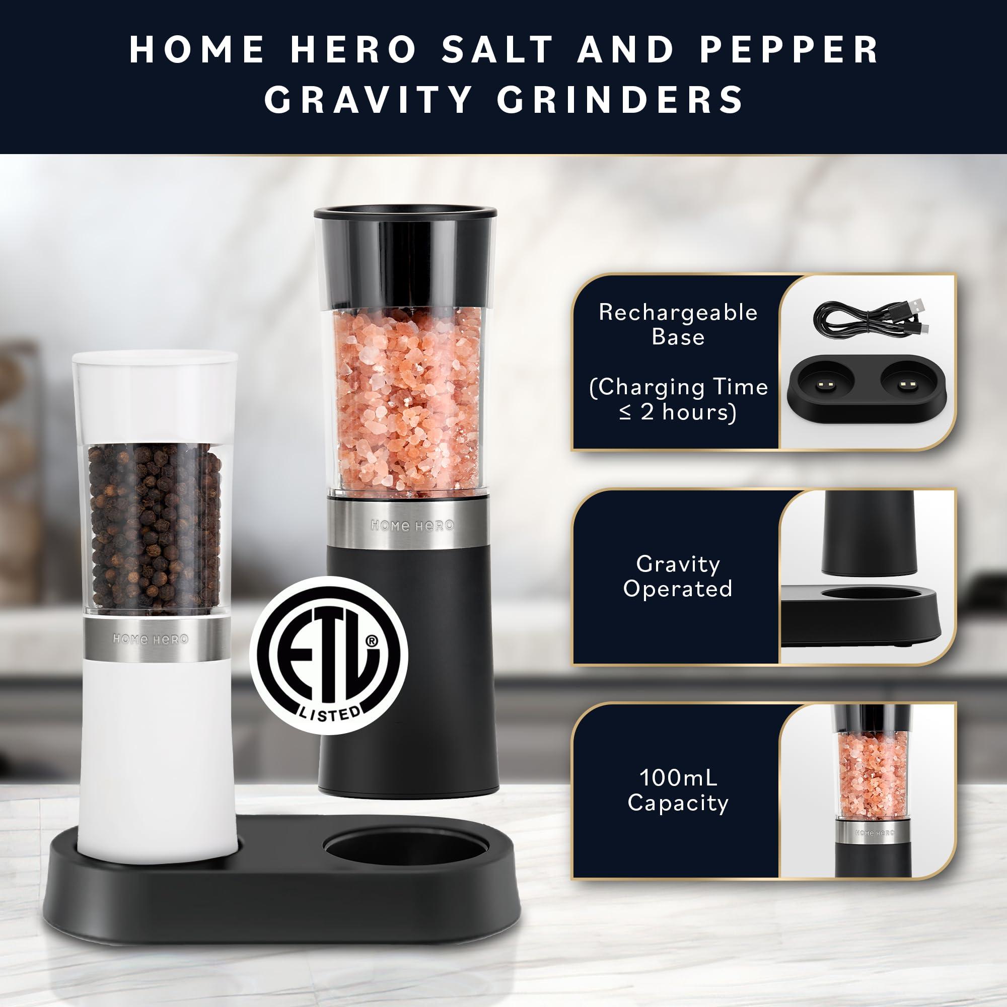 Home Hero Electric Salt and Pepper Grinder Set - Automatic Salt and Pepper Grinder Set Rechargeable. Electronic Salt and Pepper Shakers with LED Light, Gravity Electric Pepper & Salt Grinder, Set of 2 - Image 3