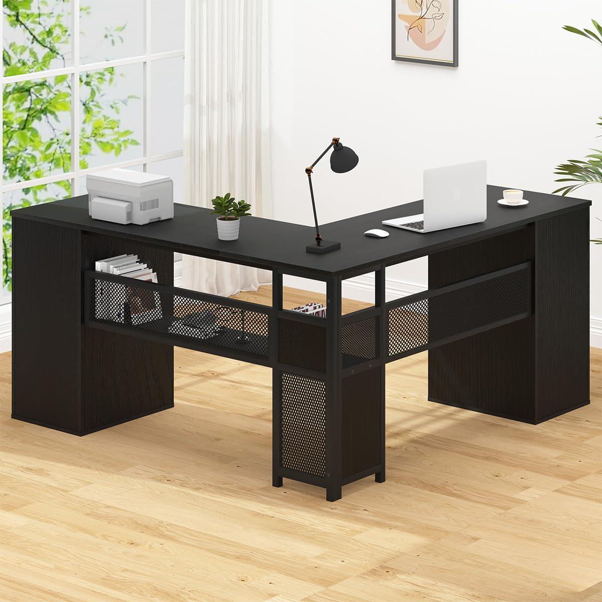 HSH Black L Shaped Desk with File Drawers Shelves, Reversible Corner Metal Wood Computer Desk with Storage Cabinet, Modern Large Executive Work Writing Study Table for Home Office Bedroom, 59 Inch - Image 4