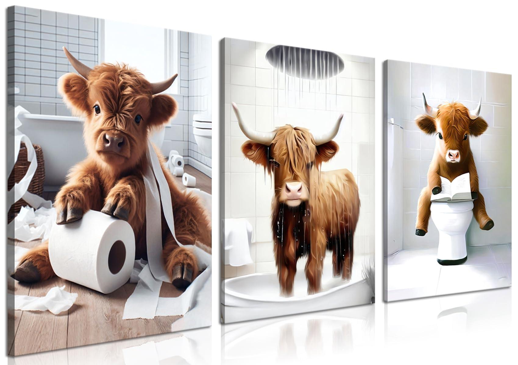 Funny Bathroom Highland Cow Wall Art, Brown Cute Cow Animal Canvas Posters Prints Set of 3, Vintage Rustic Farmhouse Home Pictures Wall Decor Painting for Bathroom Restroom Framed 12x16 Inch
