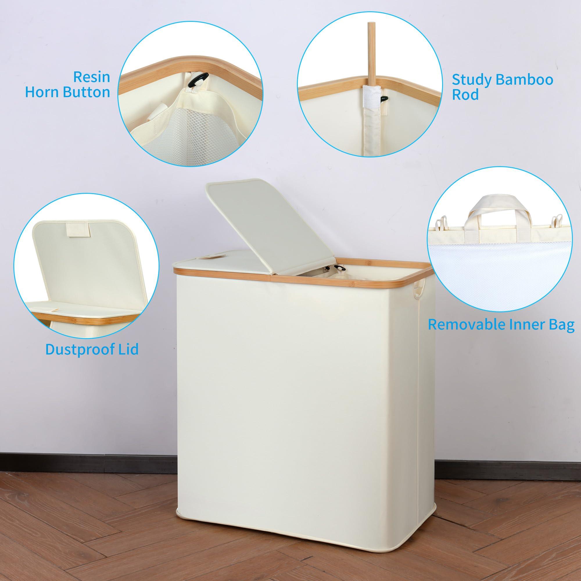 efluky Laundry Hamper with Lid, Double Laundry Hamper with 2 Removable Bags, 2 Section Laundry Basket with Bamboo Handles for Bathroom, Bedroom & Laundry Room, 140L (36.9 Gallon) Beige - Image 5