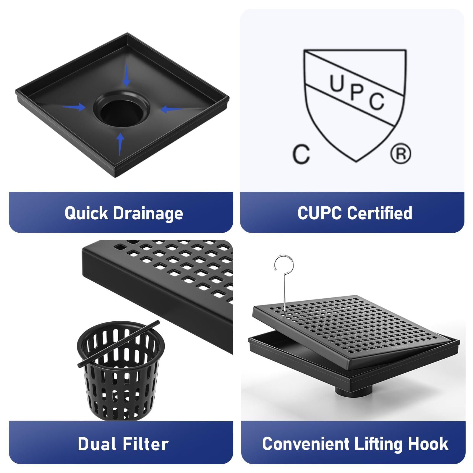 Bernkot Square Shower Drain 8", 304 Stainless Steel Floor Drain with Grid Drain Cover & Hair Strainer, Shower Drain w/CUPC Certified, Matte Black - Image 4