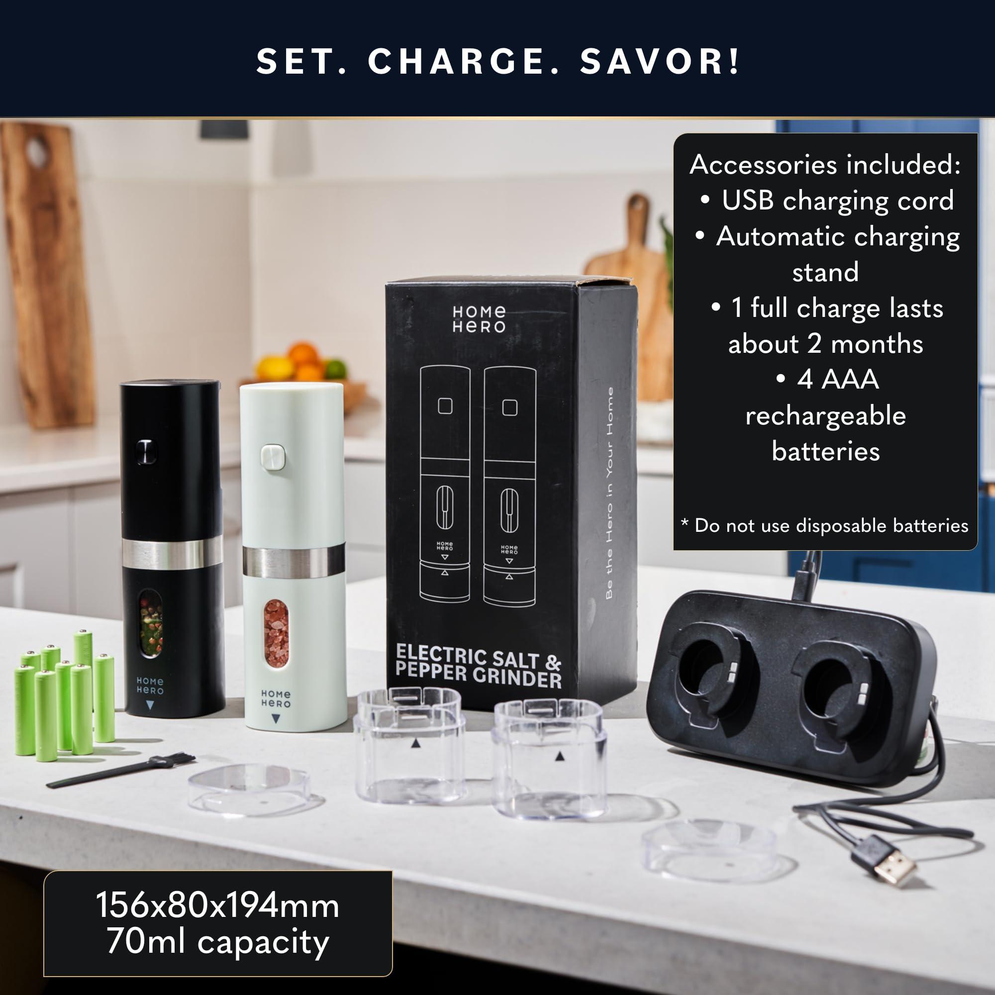 Home Hero Electric Salt and Pepper Grinder Set - Automatic Salt and Pepper Grinder Set Rechargeable. Electronic Salt and Pepper Shakers with LED Light, Electric Pepper Grinder & Salt Grinder, Set of 2 - Image 7