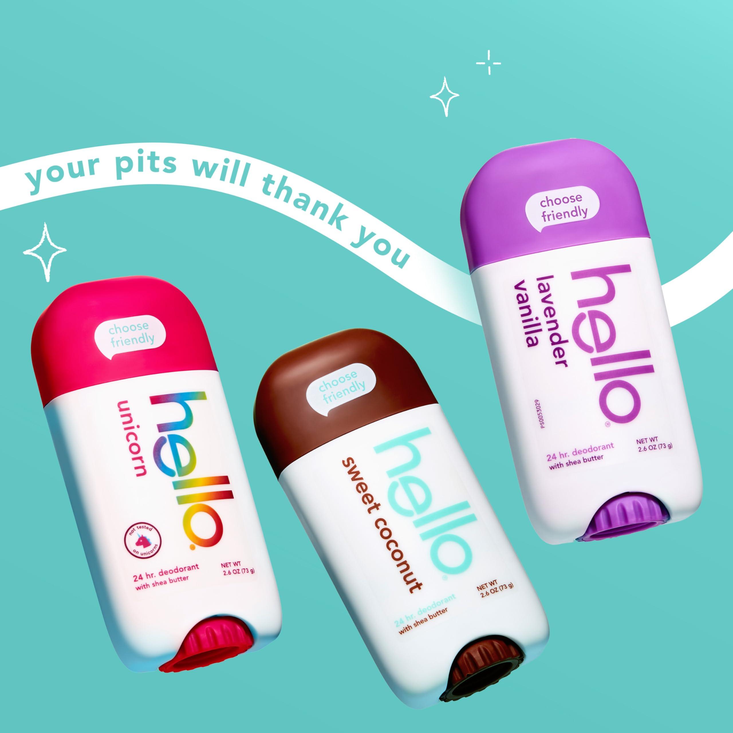 hello Deodorant Variety Pack, Aluminum Free Deodorant for Women and Men with Shea Butter, Lavender Vanilla, Sweet Coconut, Unicorn, Baking Soda Free, 3 x 2.6 oz Sticks - Image 2