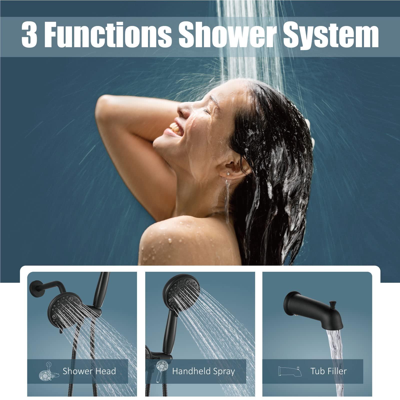 Aolemi Tub Shower Faucet Set with Tub Spout Rain Shower Head System Shower Trim Kit Pressure Rough-in Valve Included ABS 8 Setting Dual Shower Head and Handheld Spray Matte Black - Image 3