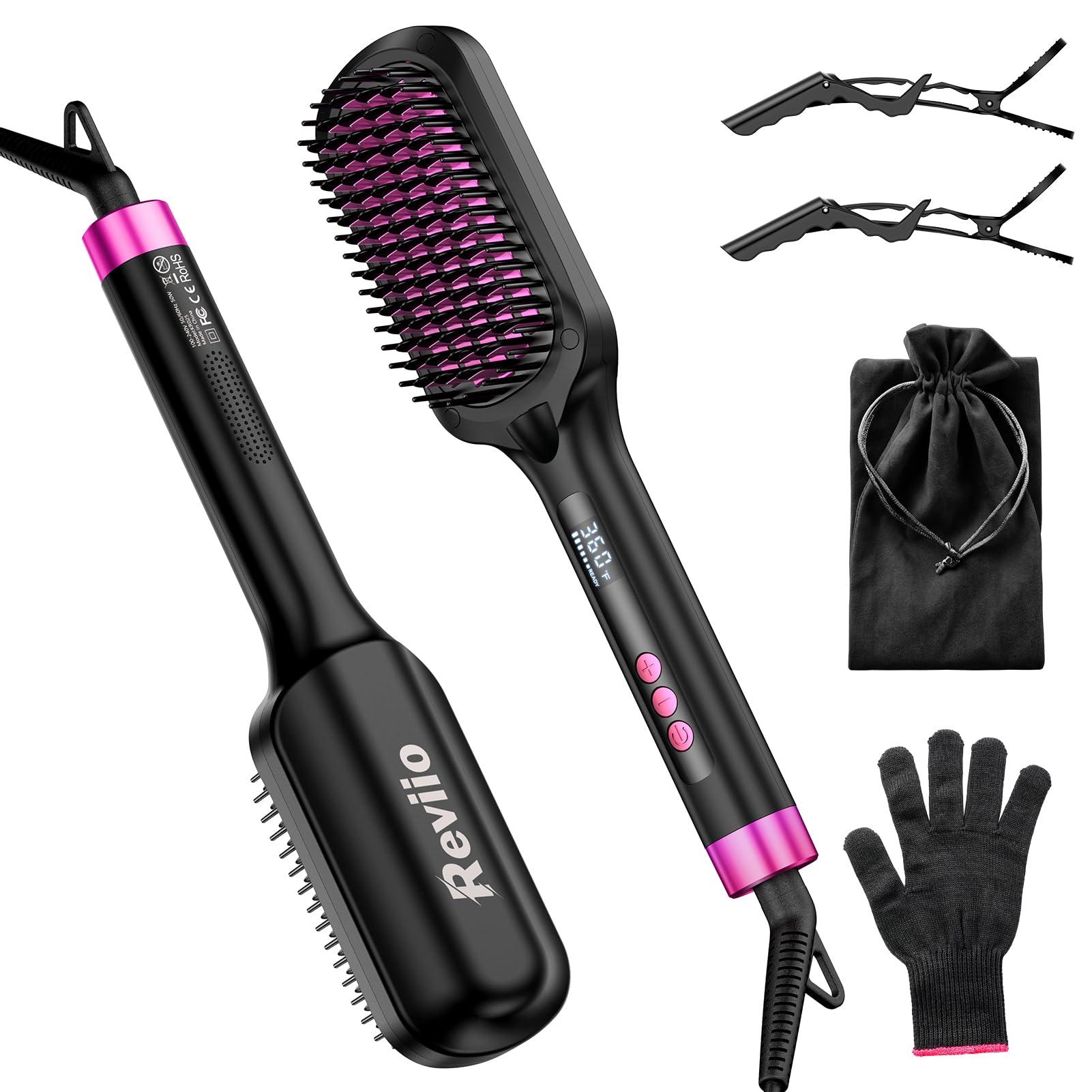Reviio 30s Fast Heating Hair Straightener Brush - Ionic Anti-Frizz, Anti-Scald, Auto Temp Lock & Auto-Off, Worldwide Voltage, Black
