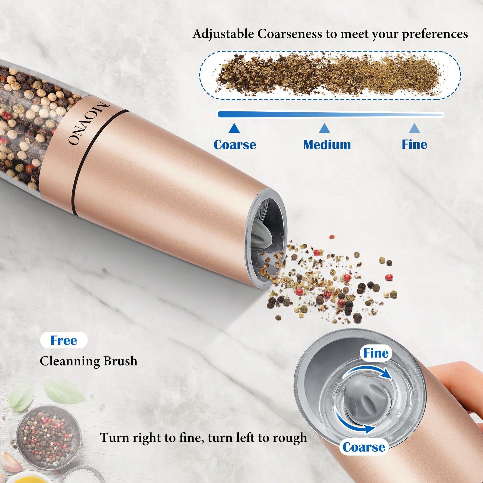 Gravity Electric Salt and Pepper Grinder Set, Battery Powered LED Light One Hand Automatic Operation, Adjustable Coarseness Mill Grinders Shakers Black (C.Gold 2P) - Image 5