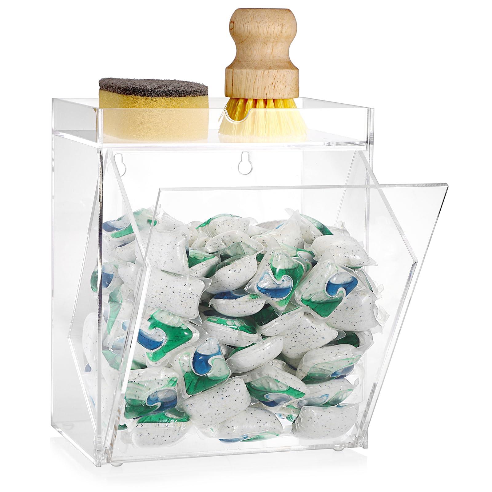 Sumnacon Dishwasher Pods Container Flip-over Laundry Pods Container withTray for Laundry Room Organization Wall Mounted Dishwasher Pod Holder for Kitchen Sink Acrylic Container for Candy,Dry Ball