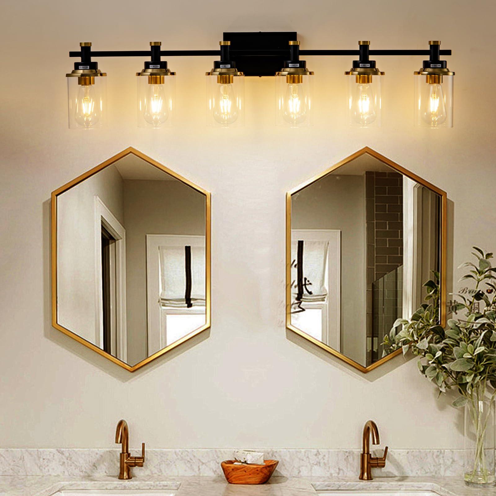 Aixialin 6 Bathroom Vanity Lights, Black and Gold Bathroom Light Fixtures, Sconces Wall Lighting with Clear Glass Shade, Modern Brushed Gold Vanity Lighting Fixtures for Bathroom, Bedroom, Hallway - Image 2