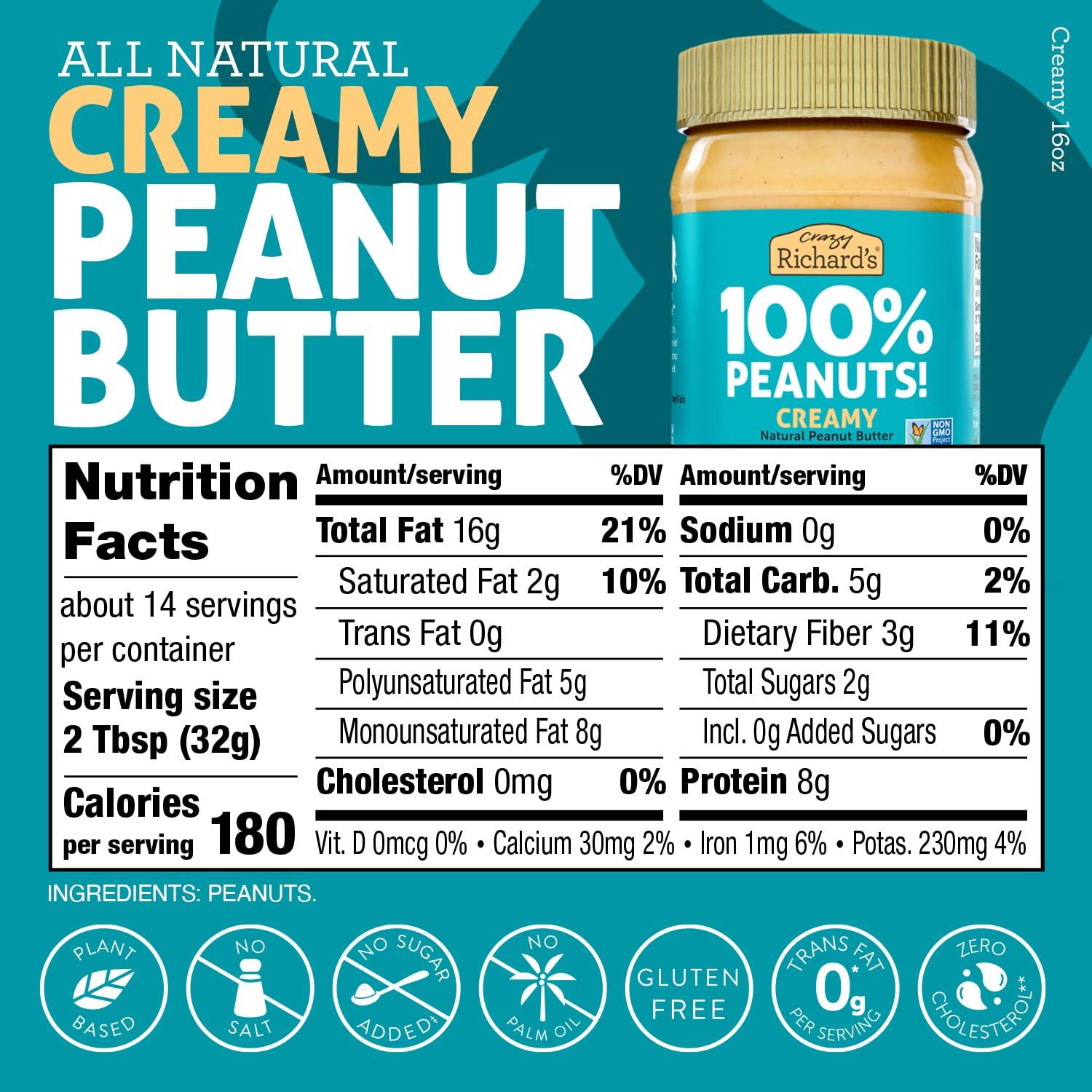 Crazy Richard's 100% All-Natural Vegan Creamy & Crunchy Peanut Butter with No Added Sugar and Non-GMO Variety Pack (16 Ounce, Pack of 2) - Image 2