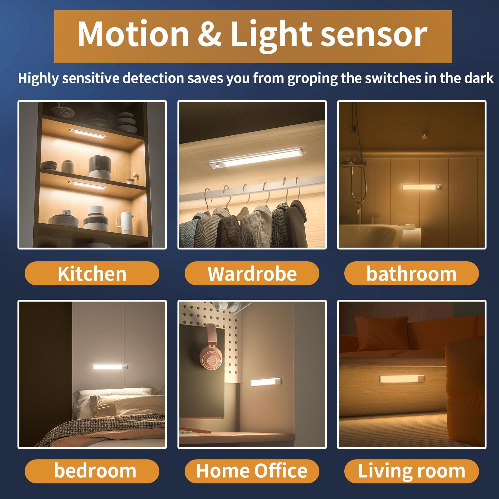 Under Cabinet Lights,76 LED Operated Motion Sensor Light Indoor,1500mAh USB Rechargeable Closet Lights, 2 Pack Magnetic Dimmable Closet Lights，Wireless Under Counter Lights for Kitchen, Stairs - Image 6