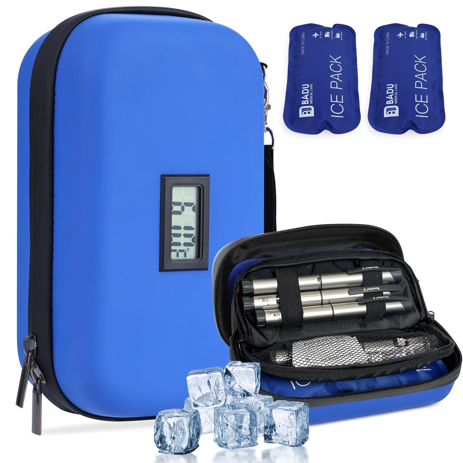 HIMDUZE Insulin Cooler Travel Case TSA Approved Refrigerated Medicine Cooler for Travel w/Thermometer Temperature Diabetic Travel Case w/2 Reusable Ice Packs for Daily Life Trip, Blue