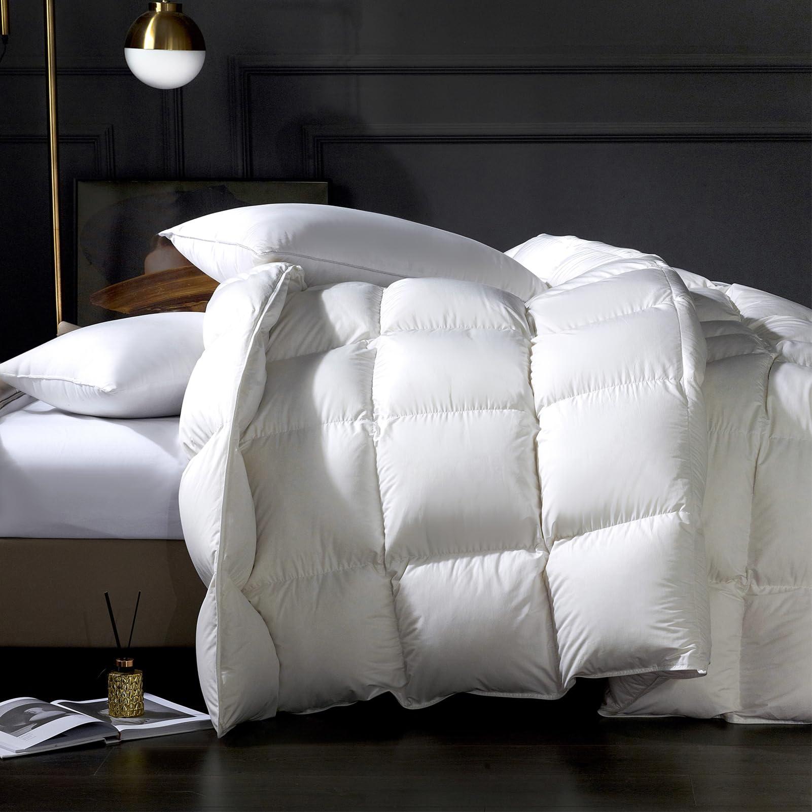 LEYCAY 850 Fill-Power Luxury Feather Down Duvet Queen Size,All Season Fluffy Duvet Insert,Soft 420TC Down Proof Fabric,50 Oz Medium Warmth Down Comforter,Machine Washable(White,90x90 Inches)