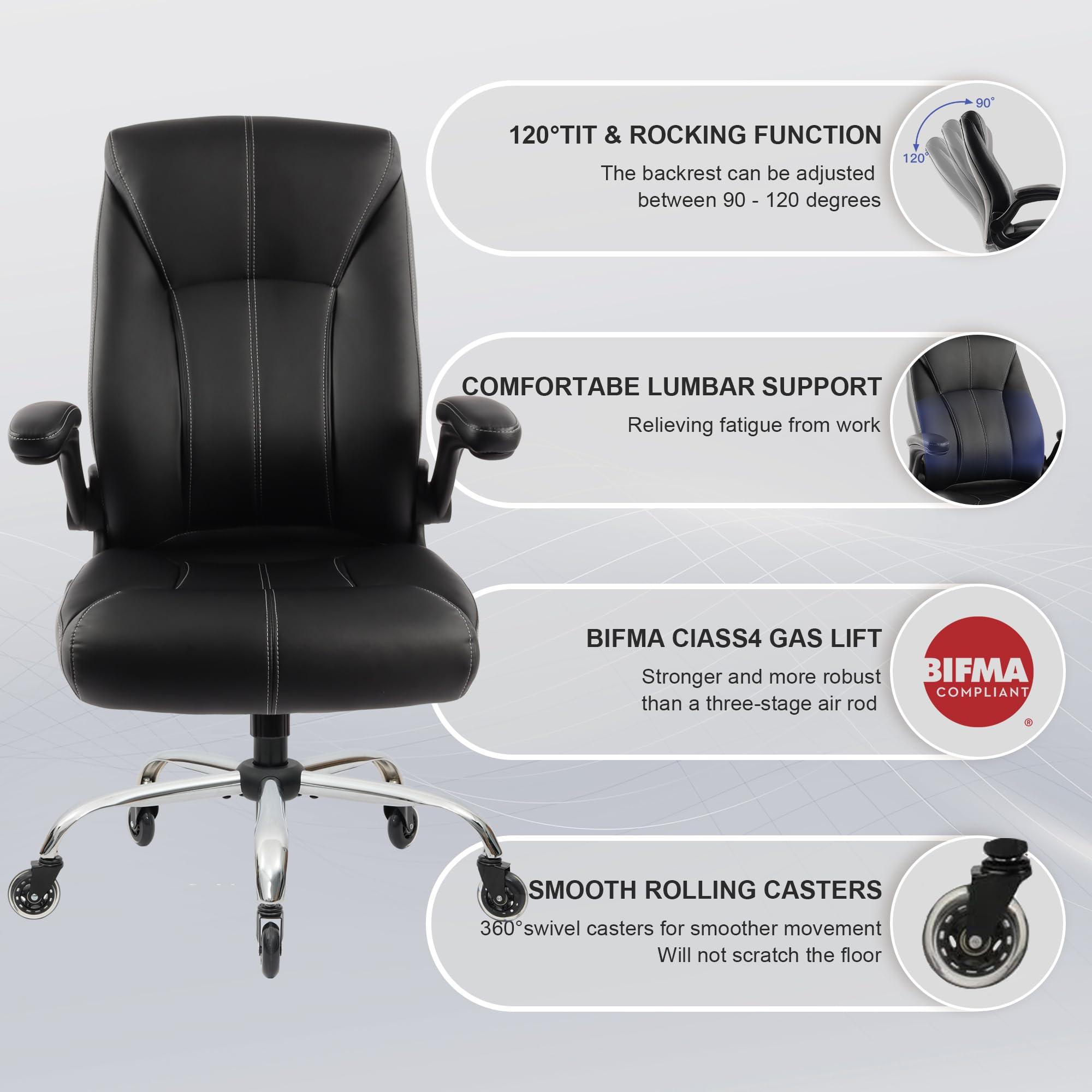 Big and Tall Office Chair 400lbs, Ergonomic High Back Executive Computer Chair for Heavy People, Heavy Duty Desk Chair with Adjustable Flip-up Armrests, Quiet Rubber Wheels&Lumbar Support, PU Leather - Image 4