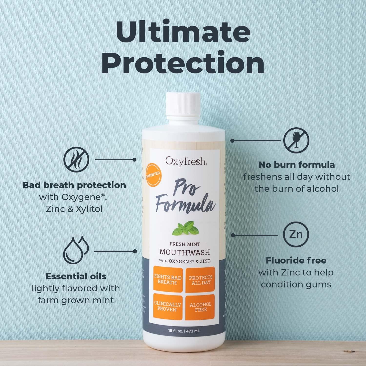 Oxyfresh Premium Pro Formula Fresh Mint Mouthwash – Patented Zinc Mouthrinse for All Day Fresh Breath & Healthy Gums – Refreshing & Alcohol Free Mouthwash | 16oz - Image 2