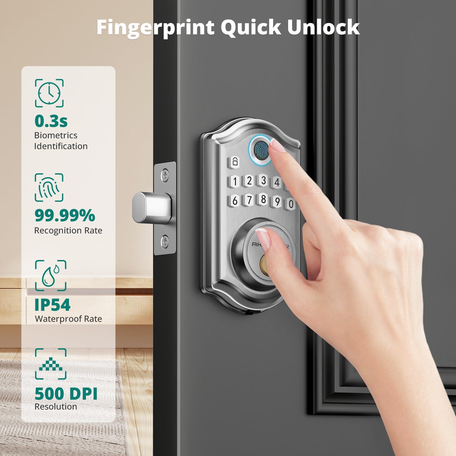 AkaGear DS10 Pro Keyless Entry Door Lock, Fingerprint Door Locks, Electronic Keypad Lock, Smart Deadbolt, Smart Locks for Front Door, Auto-Lock & One Touch Locking with Bluetooth - Satin Nickel - Image 2