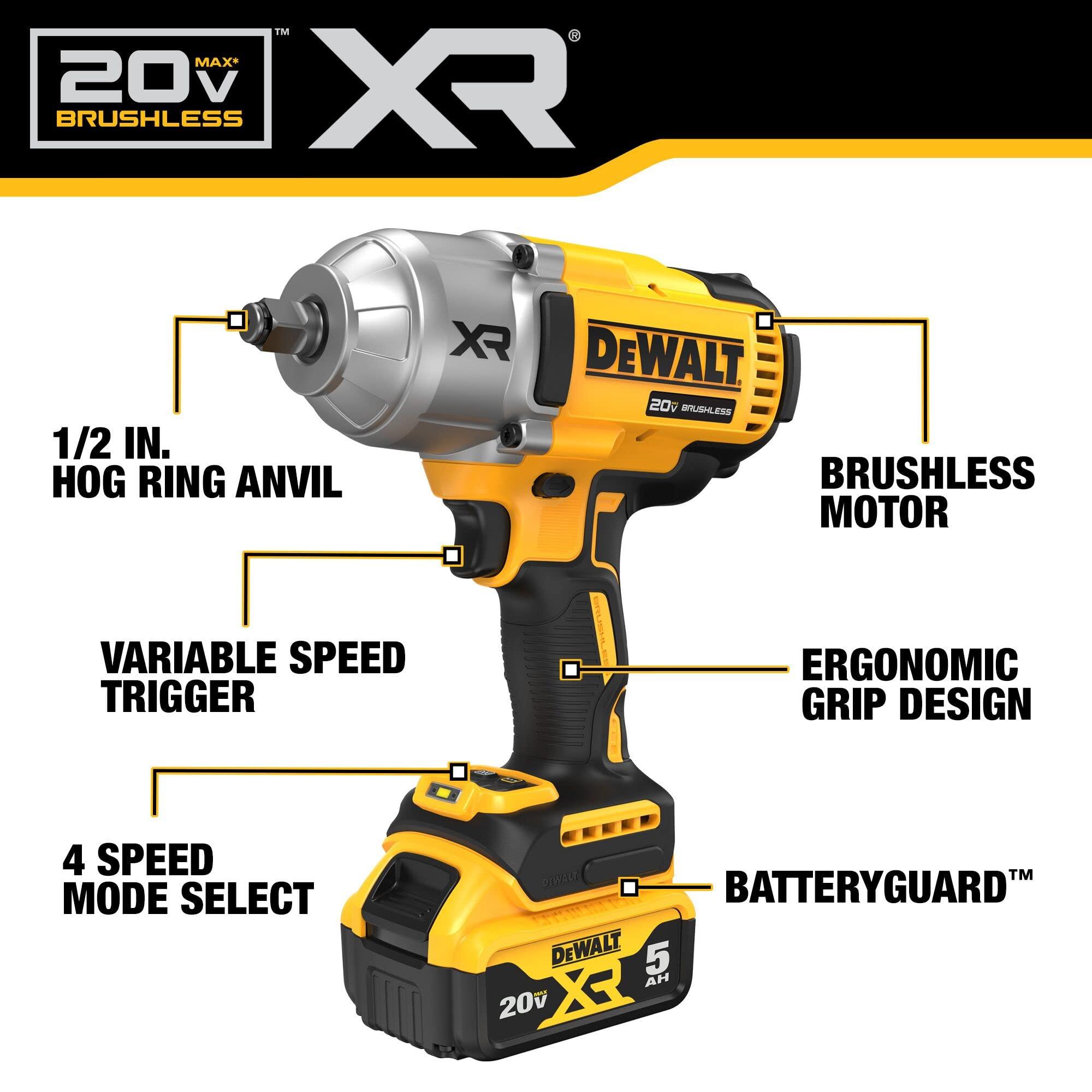 DEWALT 20V MAX Cordless Impact Wrench Kit, 20V MAX, 1/2" Hog Ring With 4-Mode Speed, Includes Battery, Charger and Kit Bag (DCF900P1) - Image 8