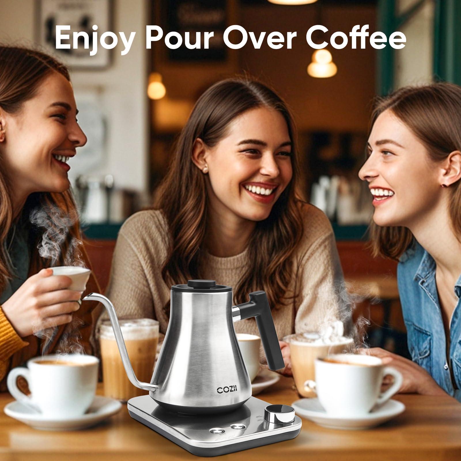COZII Gooseneck Electric Kettle,5 Presets & ±1℉ Temperature Control 1200W Quick Heating Water Boiler for Coffee/Tea, 24H Keep Warm, Auto Shut Off Pour Over Kettle with 50pcs Coffee Filter,0.9L Silver - Image 2