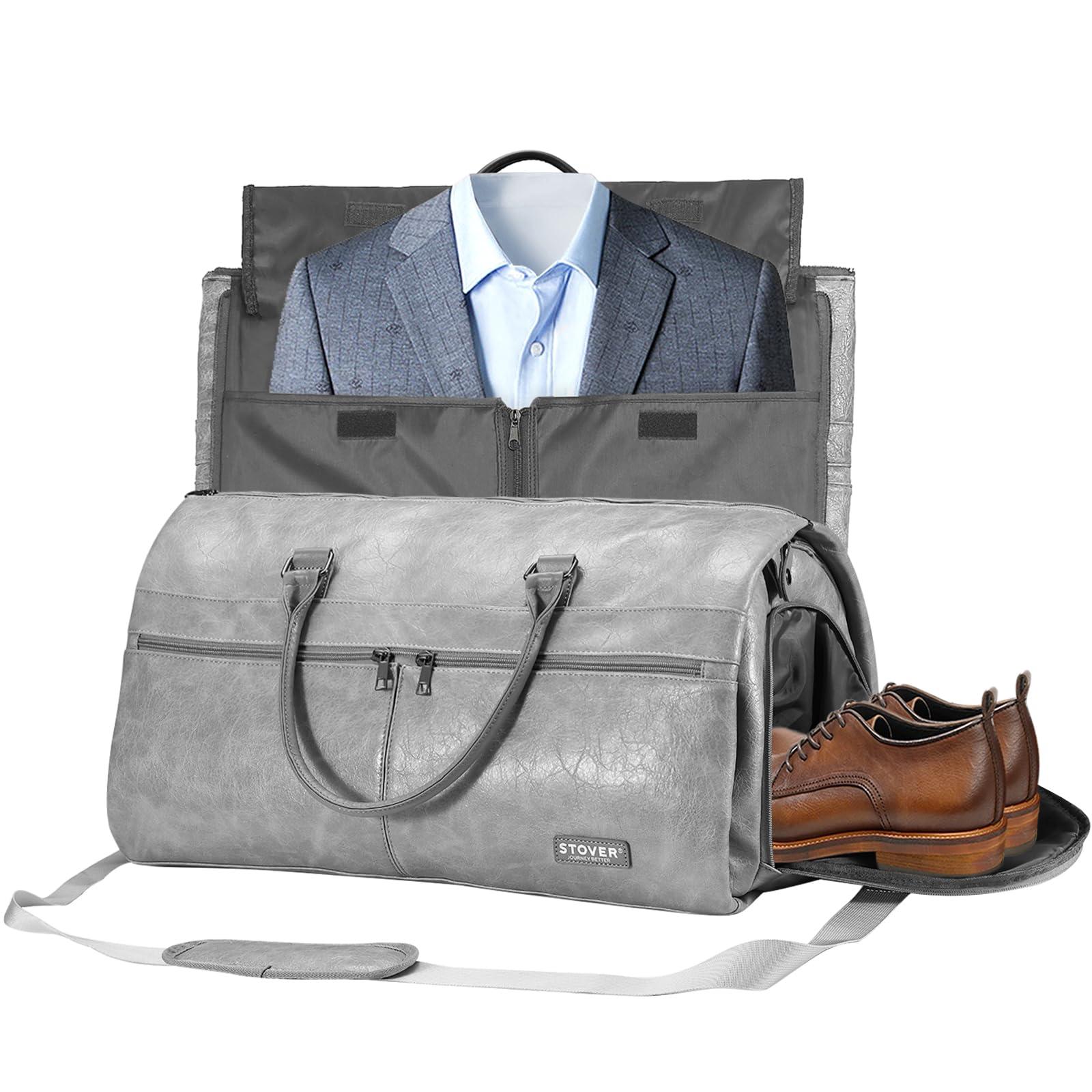 STOVER Garment Travel Duffle Bag, Large 2-in-1 Convertible Carry-on Luggage for Men & Women- Hanging Suits, Dresses & Clothes + Shoe Compartment- Weekender Tote Combo Duffel (Grey Leatherette)