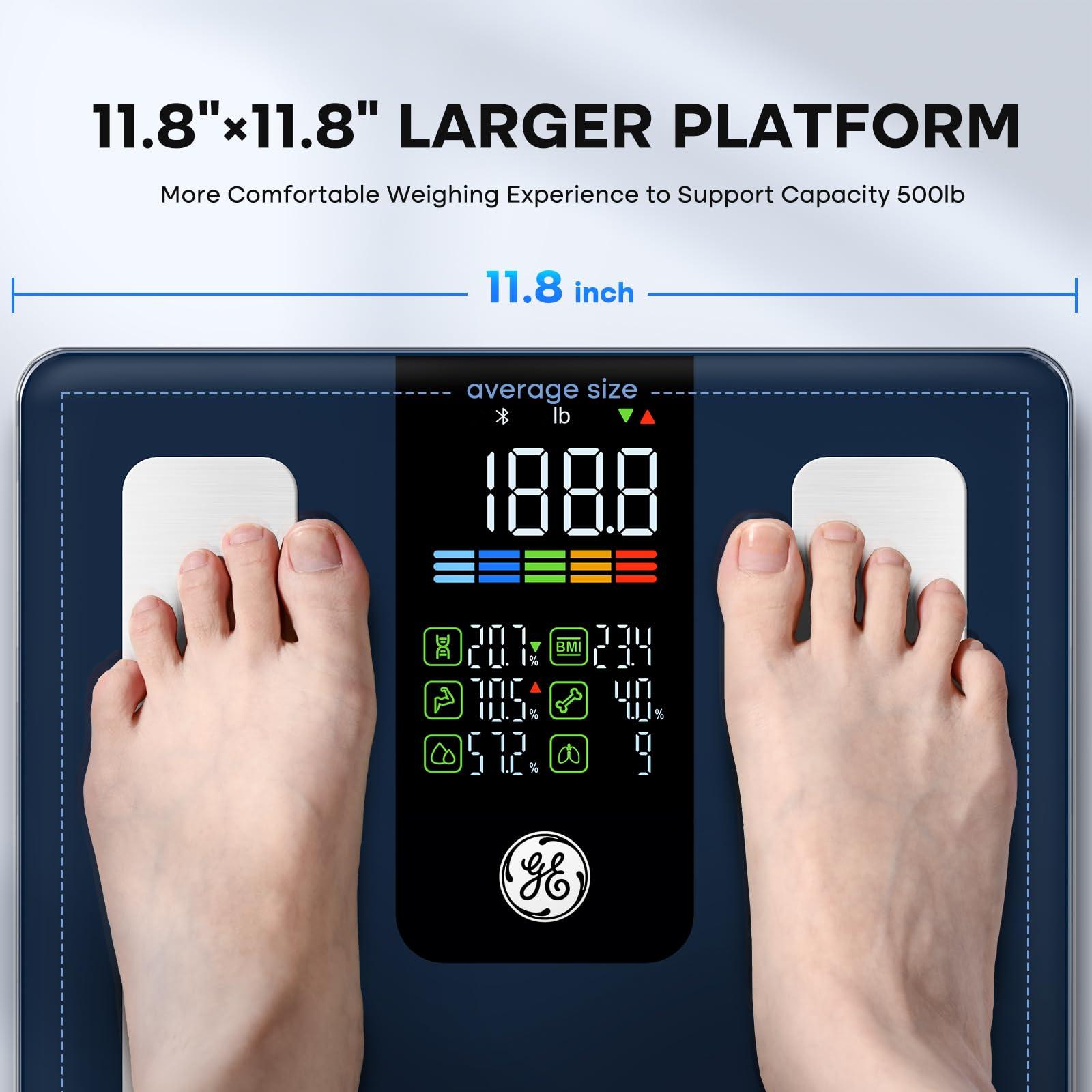 GE Scale for Body Weight Smart: Digital Bathroom Body Fat Scales 500lbs for BMI Muscle Bluetooth Smart Weight Monitor 11.8" Large Platform Weighing Machine Health Analyzer with App Drak Blue - Image 3