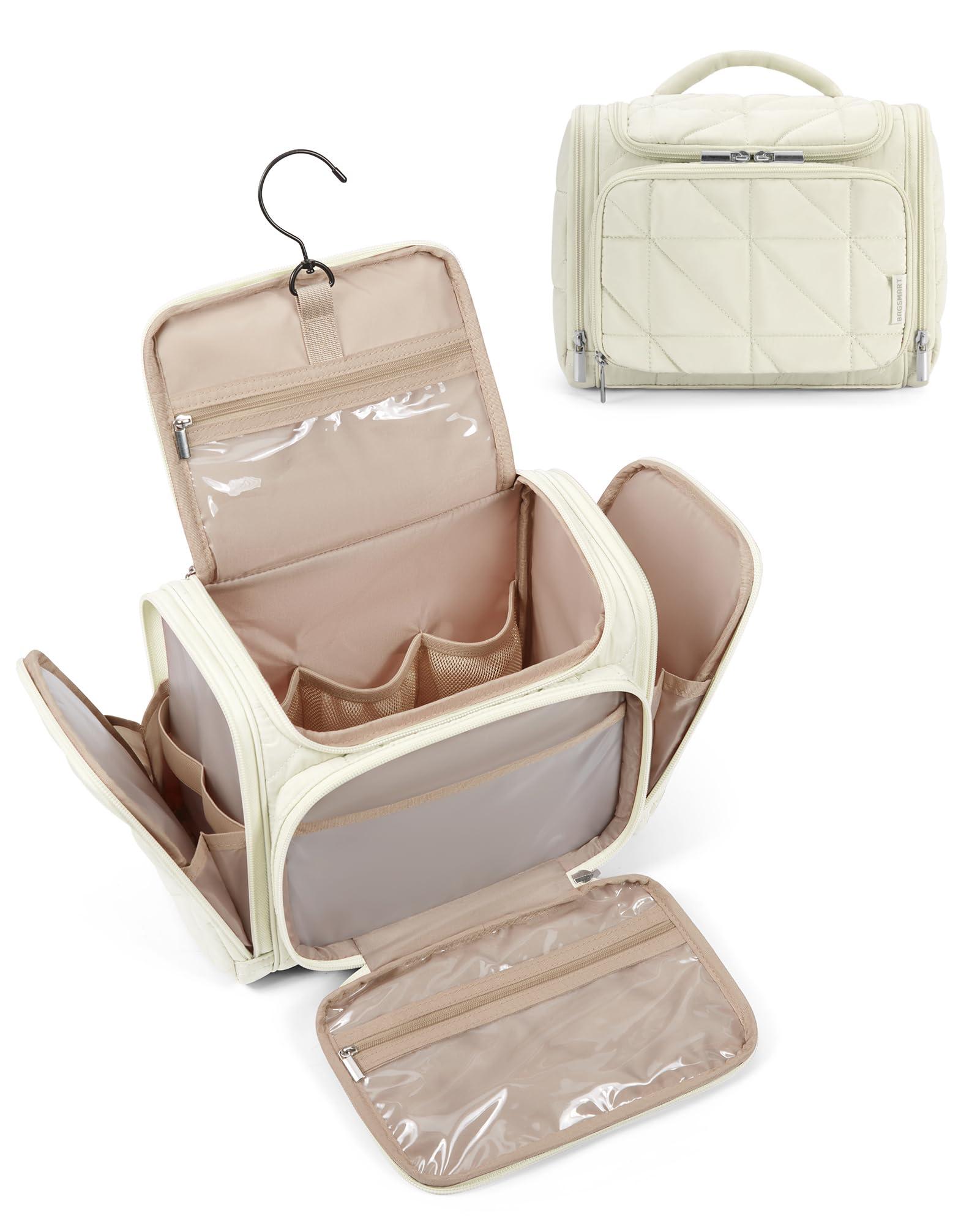 BAGSMART Toiletry Bag Travel Bag with Hanging Hook, Water-resistant Lightweight Puffy Makeup Bag Large Wide-open Travel Bag for Women Travel Organizer for Accessories, Cosmetics, Toiletries, Beige