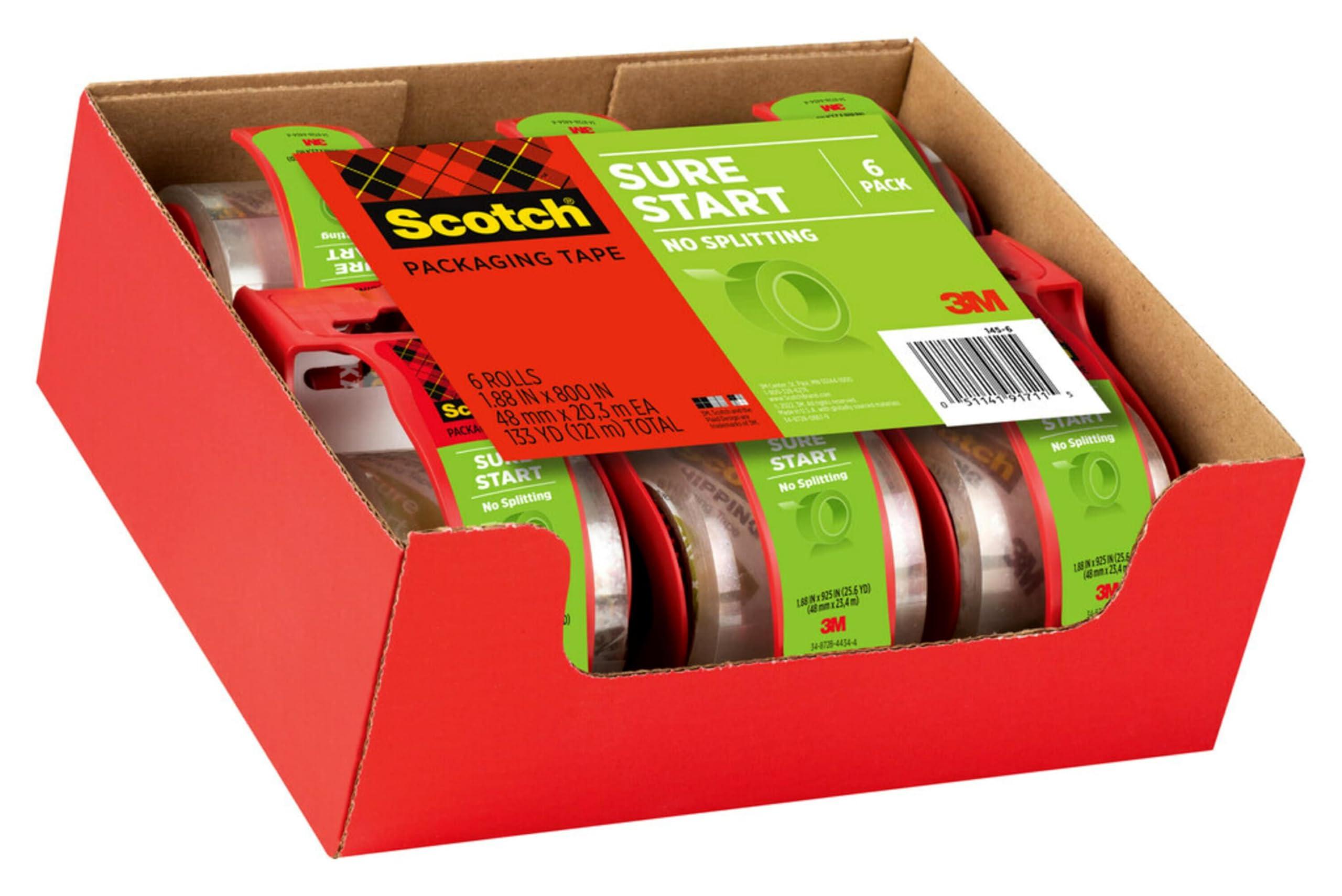 Scotch Sure Start Shipping Packaging Tape, 1.88" x 22.2 yd, Designed for Packing, Shipping and Mailing, Quiet Unwind, No Splitting or Tearing, 1.5" Core, Clear, 6 Dispensered Rolls (145-6) - Image 4