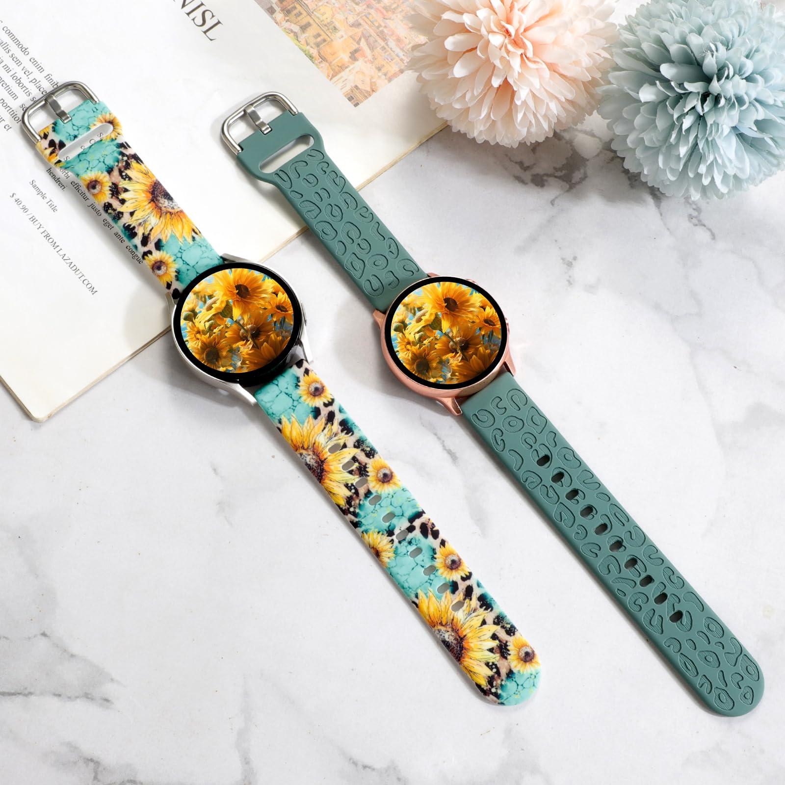 2 Pack Band Compatible with Samsung Galaxy Watch 7 FE 6 5 4 40/44mm,Galaxy Watch 5 Pro 45mm/Watch 6 4 Classic/Active 2,20mm Silicone Sport Band Leopard Engraved Flower Printed Wristband Women Men - Image 2