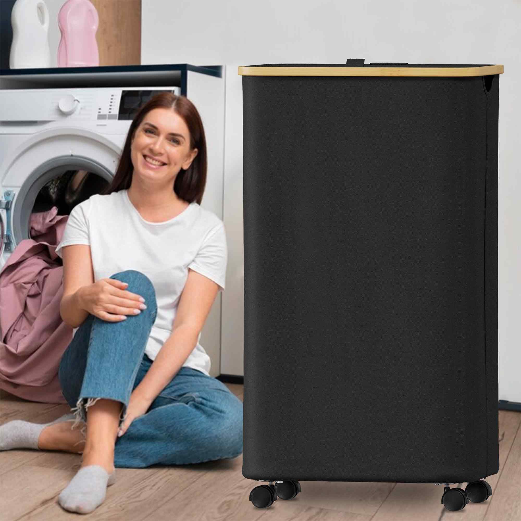 SUOCO Laundry Hamper on Wheels 100L, Clothes Basket with Lid and Bamboo Handles, Foldable Laundry Hamper for Bedroom, Bathroom, Dorm, Laundry Room - Black - Image 2