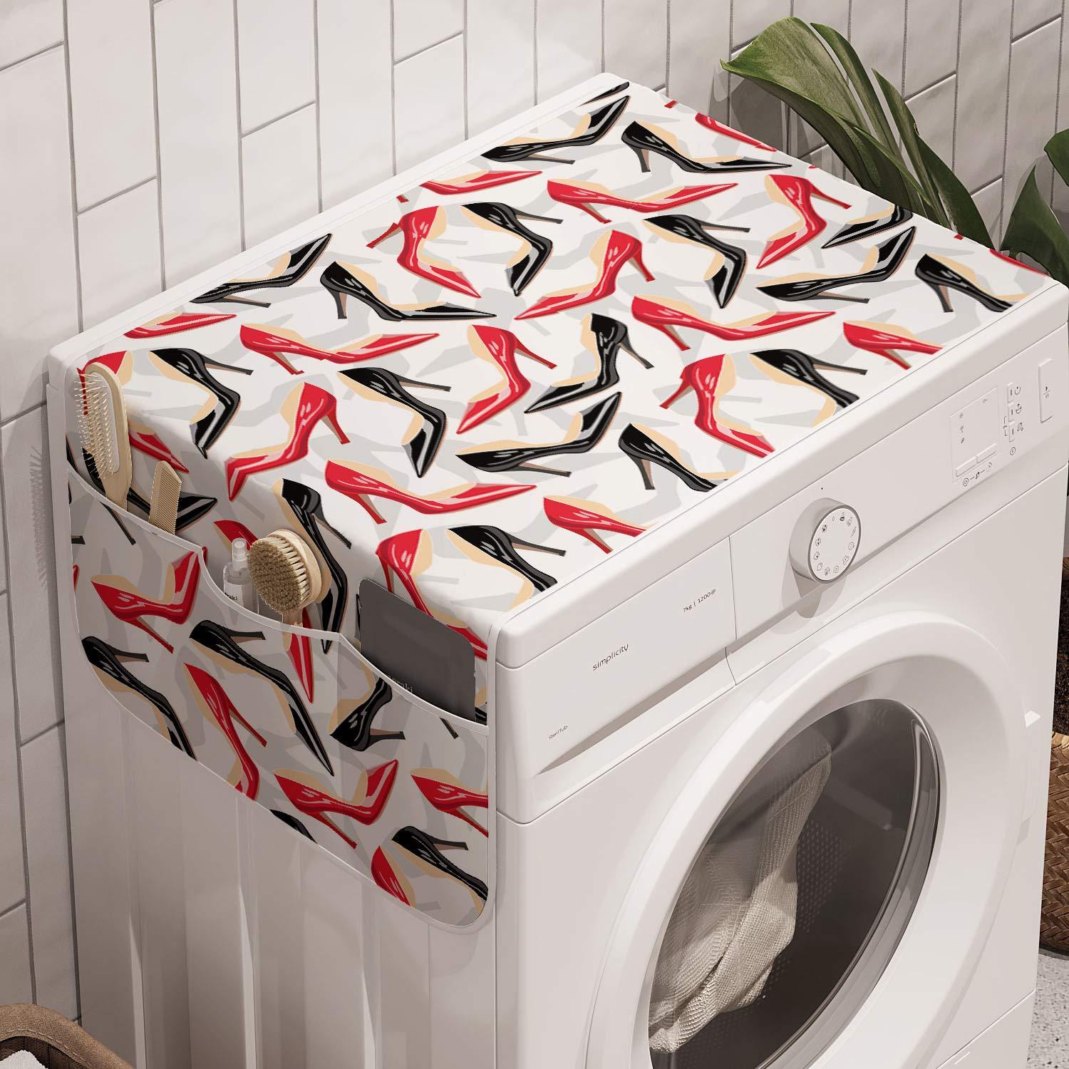 Ambesonne Red and Black Washing Machine Organizer, Women Fashion Pattern with High Heel Stiletto Shoes Ladies Footwear, Anti-slip Fabric Cover for Washers and Dryers, 47" x 18.5", Scarlet Black Beige