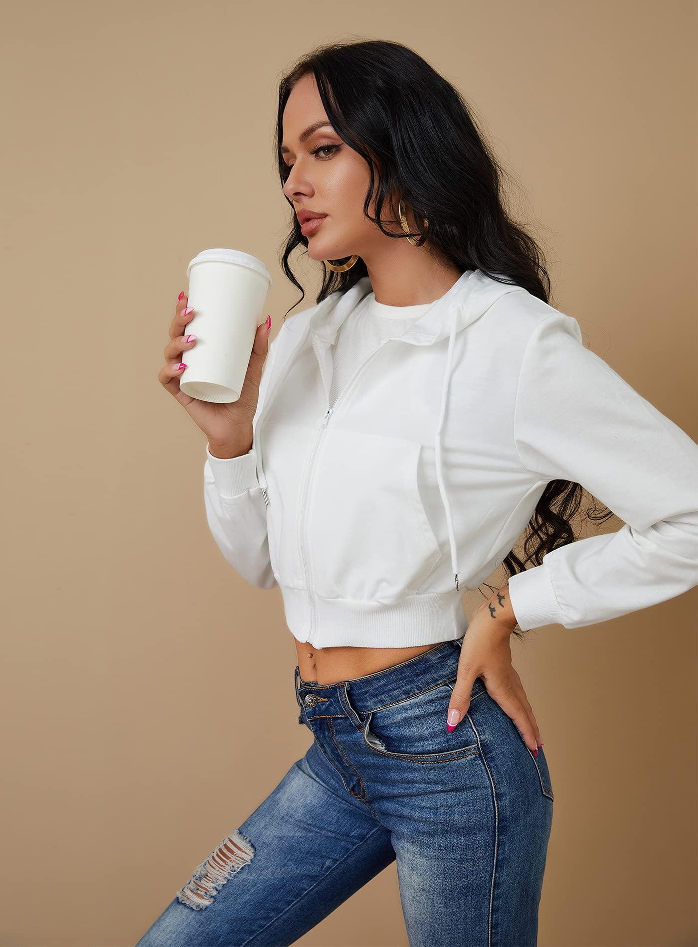 Women's Zip Up Hoodies Cropped Cardigan Jacket Drawstring Hooded Sweatshirts Casual Long Sleeve Top… - Image 4