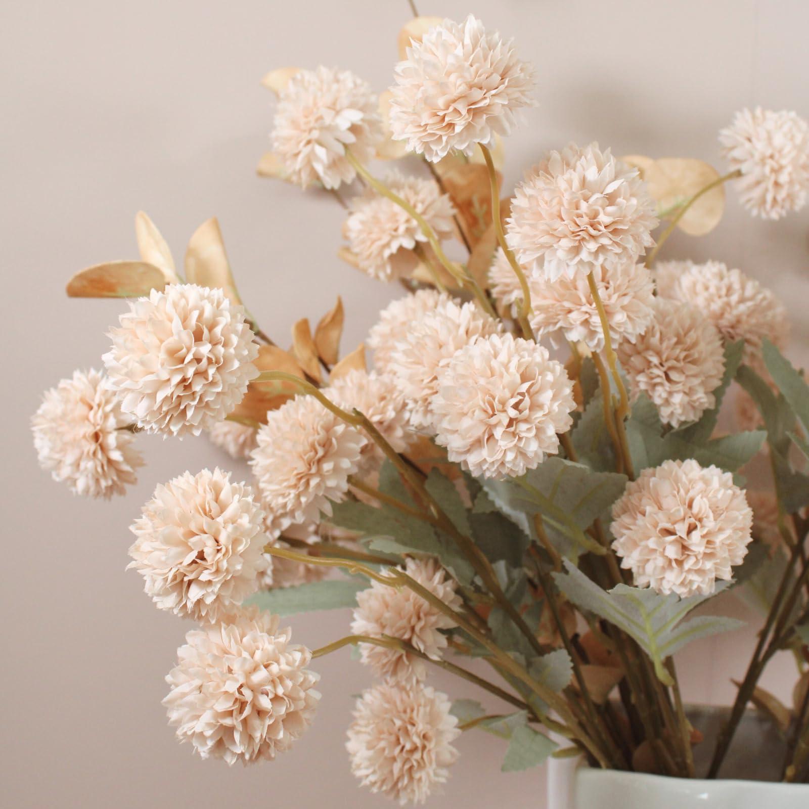 Artificial Flowers Beige 10 Stems + Eucalyptus, Faux Flowers For Vase, Fake Mums Silk Long Stem, Tan Nude Cream Neutral Floral, Chrysanthemum Pom Pom Floral Arrangements, Mini Faux Kiku Flower bulk - Image 3