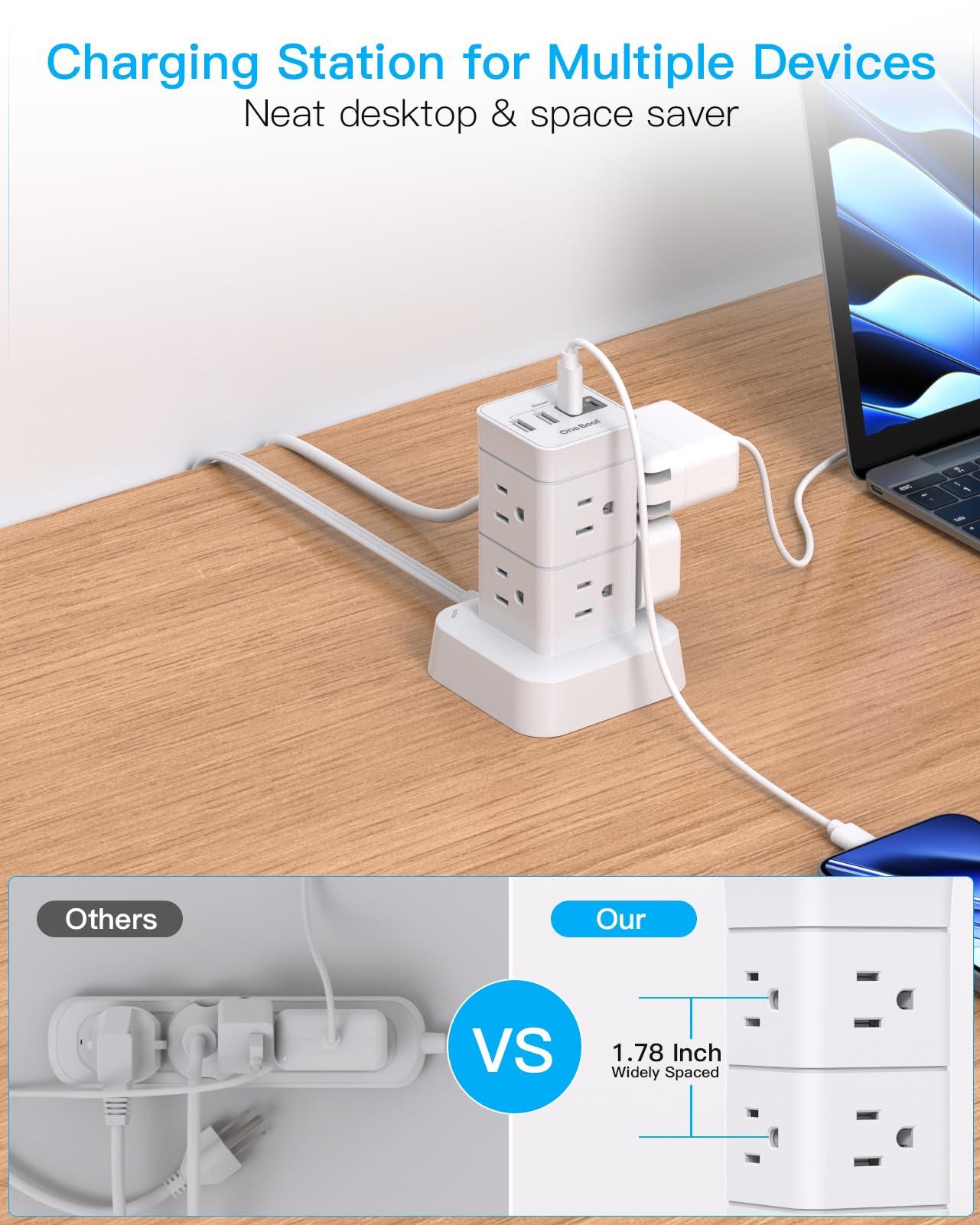 One Beat Tower Surge Protector Power Strip 10 ft,Long Flat Extension Cord with Multiple Outlets,8 AC Outlets with 4 USB Ports,Desktop Charging Station for Multiple Devices,for Home Office College Dorm - Image 2