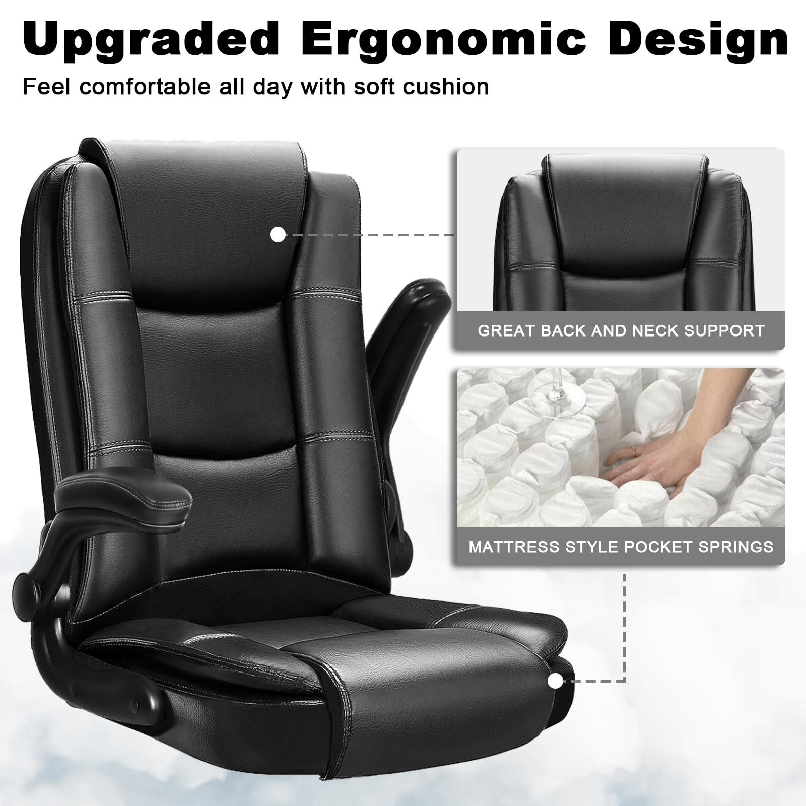 OFIKA Big and Tall Office Chair Computer Desk Chair - Ergonomic High Back Lumbar Support Home Office Chair with Padded Flip-up Arms, Adjustable Height Leather Office Executive Chair (Black) - Image 6