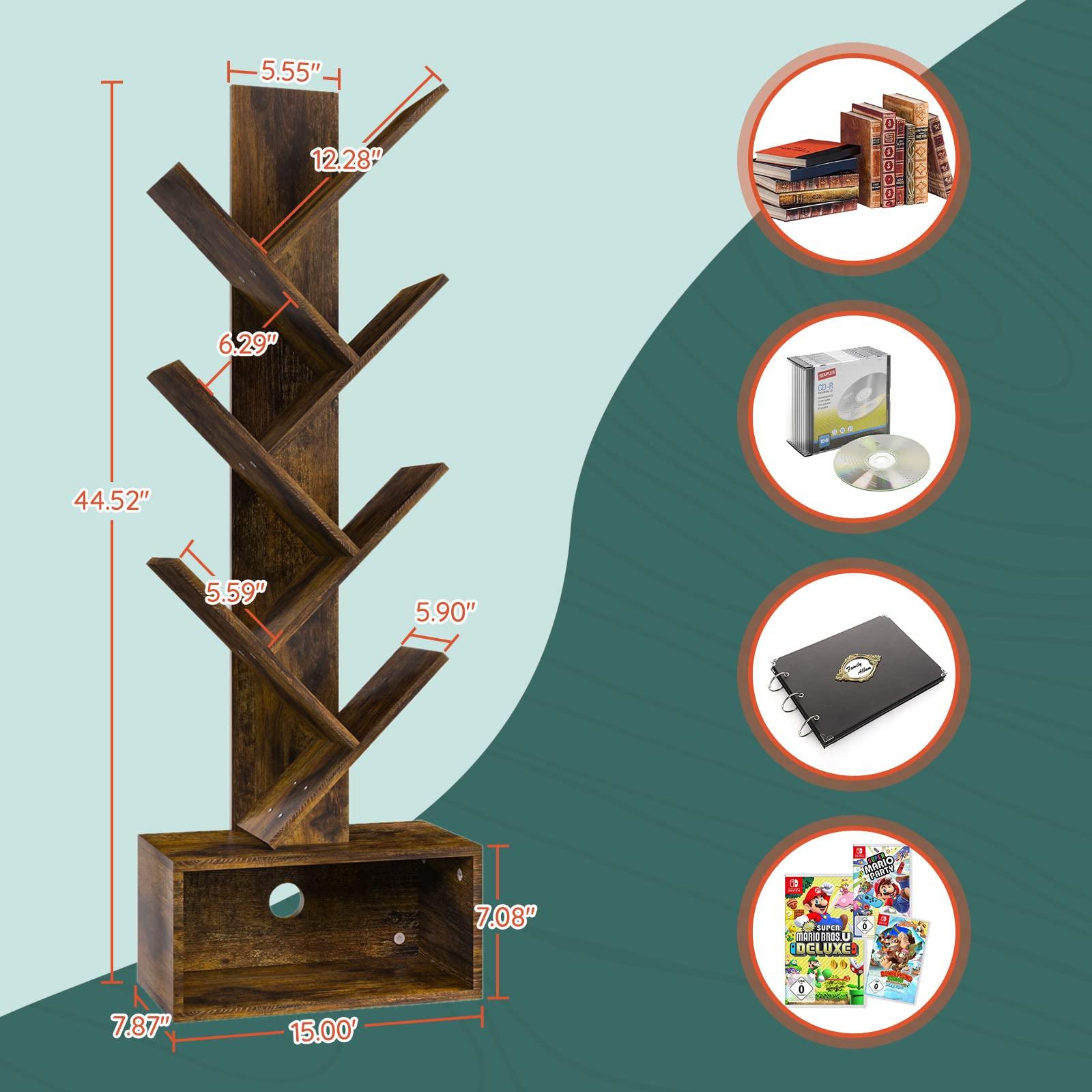 Yoobure Tree Bookshelf - 6 Shelf Retro Floor Standing Bookcase, Tall Wood Book Storage Rack for CDs/Movies/Books, Utility Organizer Shelves Bedroom, Living Room, Home Office, Rustic Brown - Image 3