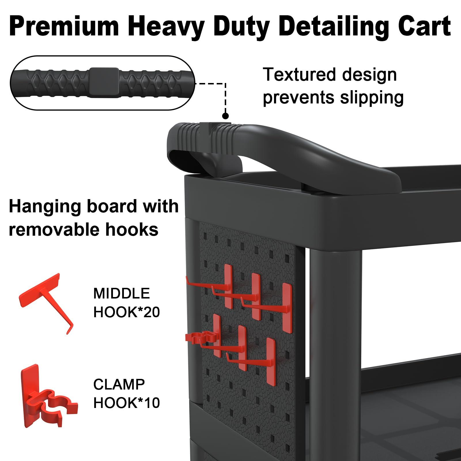 Wanmwill 3 Tier Car Detailing Cart, Auto Detail Cart with Wheels, Car Wash Detail Trolley with Side Hanging Plate & Hooks, Detailing Tool Organizer Cart for Mechanics & Detailers（Black） - Image 5