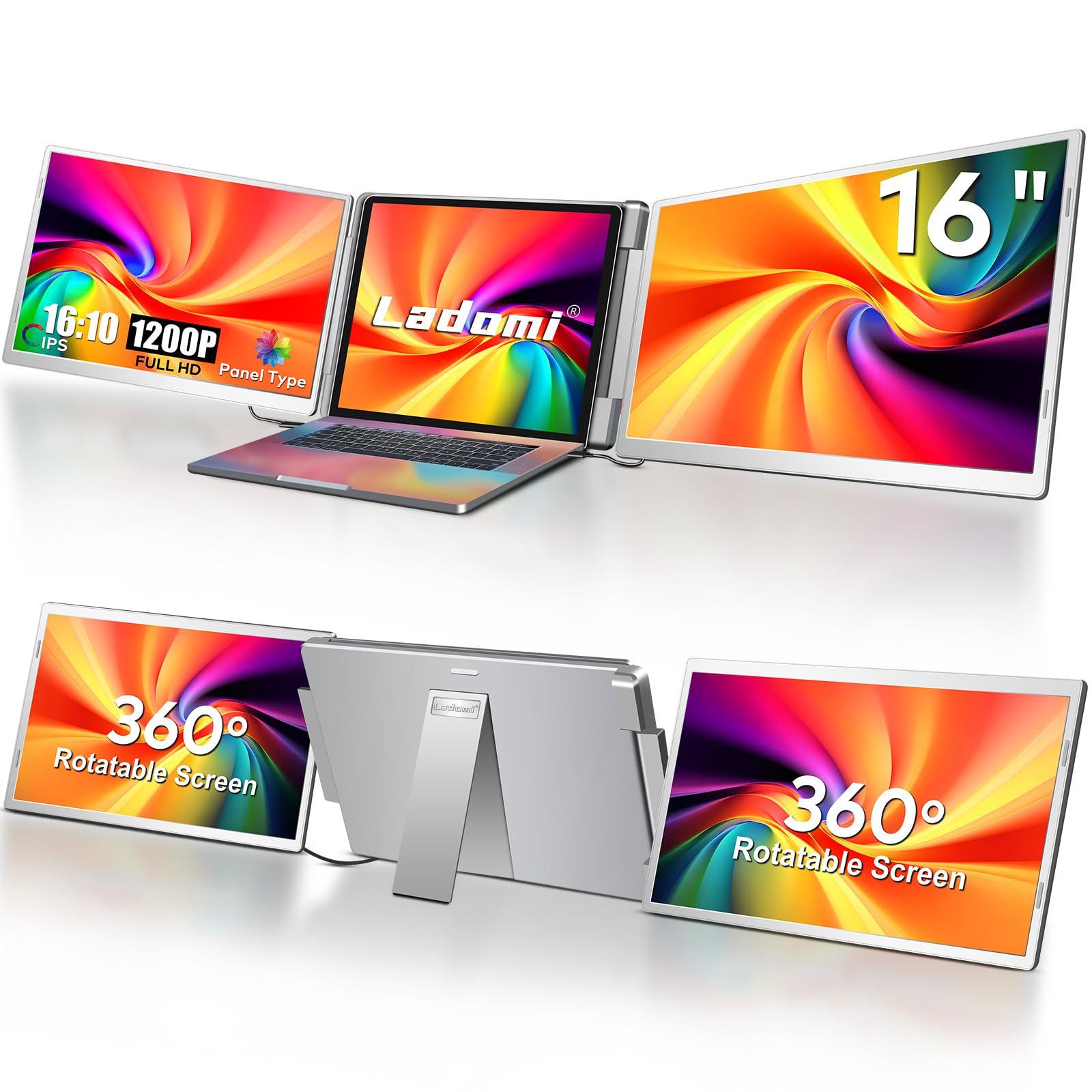 Laptop Screen Extender, 16" FHD 1200P IPS Triple Portable Screen Extender Monitor for 12"-18.5" Laptop, Plug & Play Laptop Monitor Extender, Fit for MacOS, Wins, Dex, Chrome, Surface, Switch