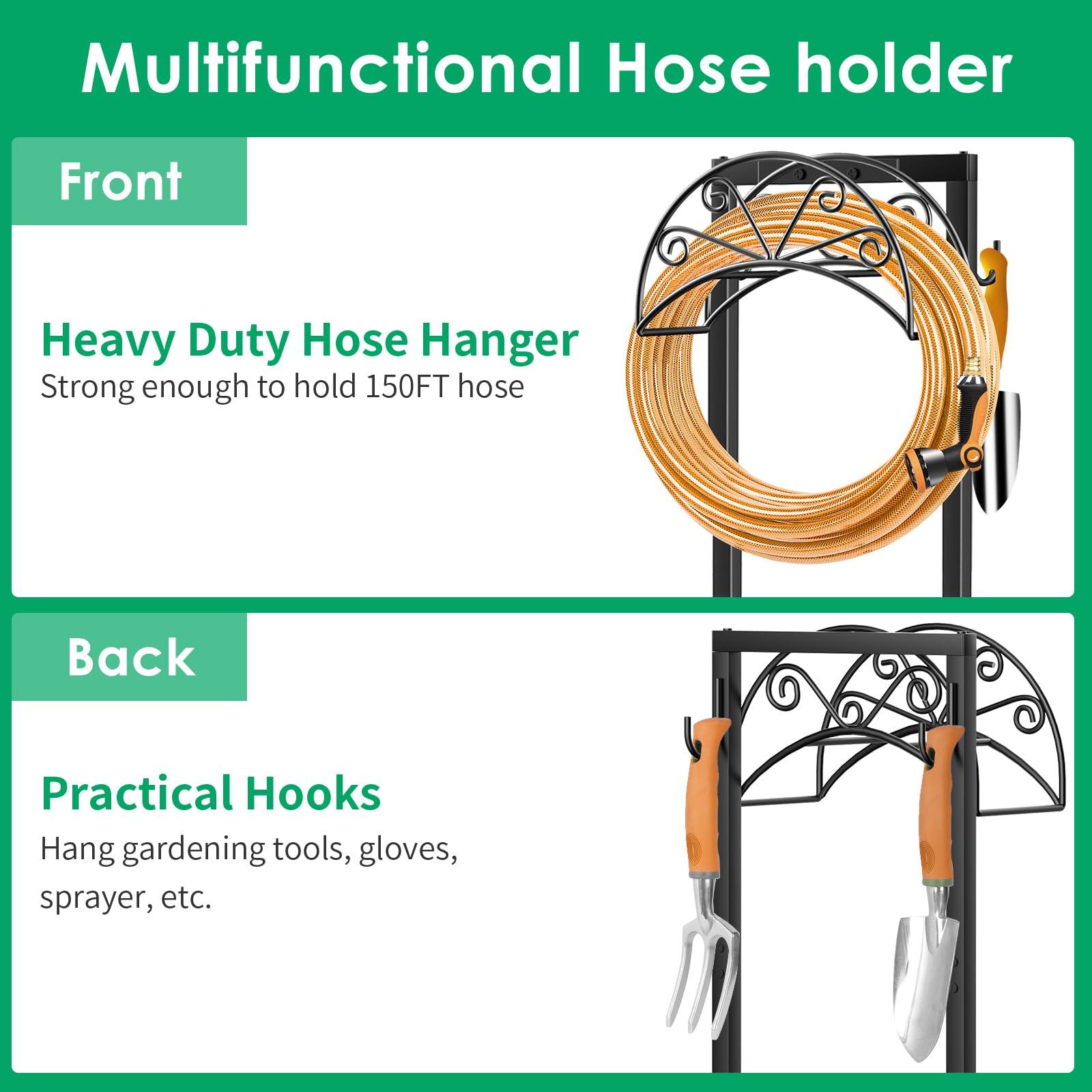 TomCare Garden Hose Holder Heavy Duty Water Hose Holder Holds 160 FT Hose 4 Spikes Hose Reel with 2 Tool Hooks Freestanding Hose Hanger Sturdy Hose Storage Stand for Outside Yard Lawn, Black - Image 3
