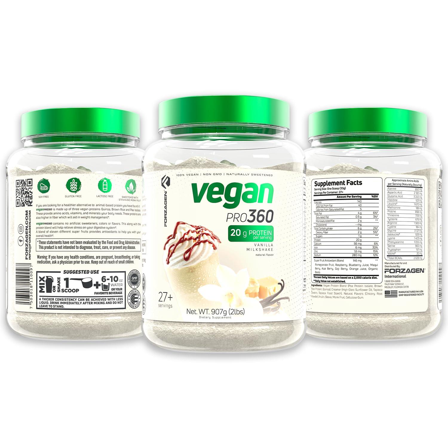 Forzagen Vegan Protein 360 2 Lbs 27 Servings, Plant Based Protein Extracted from Quinoa, Brown Rice and Pea Isolate Protein, Dairy, Soy and Gluten Free, Nom GMO (Vanilla Milkshake) - Image 2