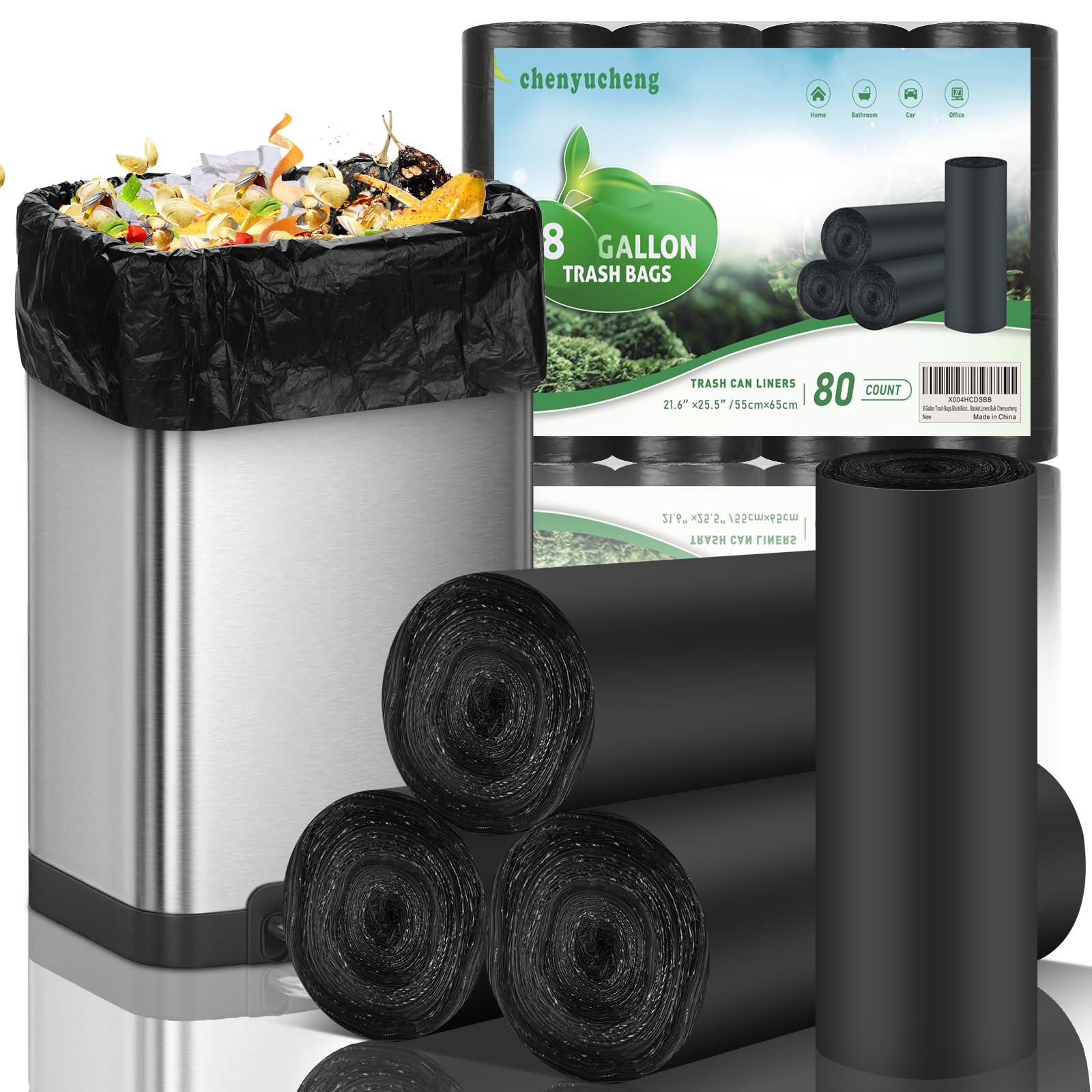 8 Gallon Trash Bags Black Biodegradable - Medium Kitchen Size 8 Gal Garbage Bag Unscented 80 Count Compostable Recycling Strong Thick Office Waste Basket Liners Bulk Chenyucheng